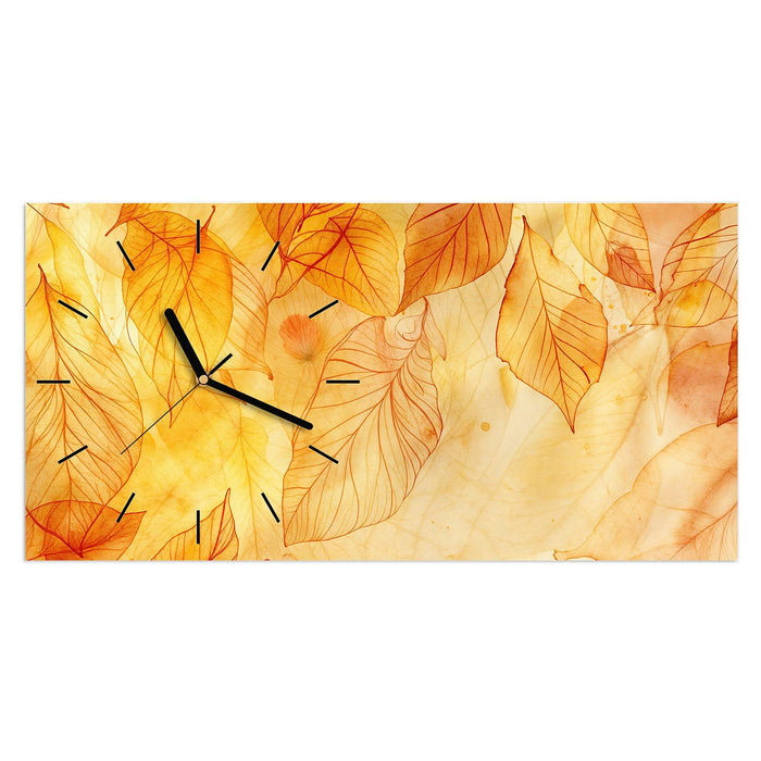 Wanduhr Herbstblätter aus Glas – Querformat 60 × 30 cm mit Ziffernblatt Linie