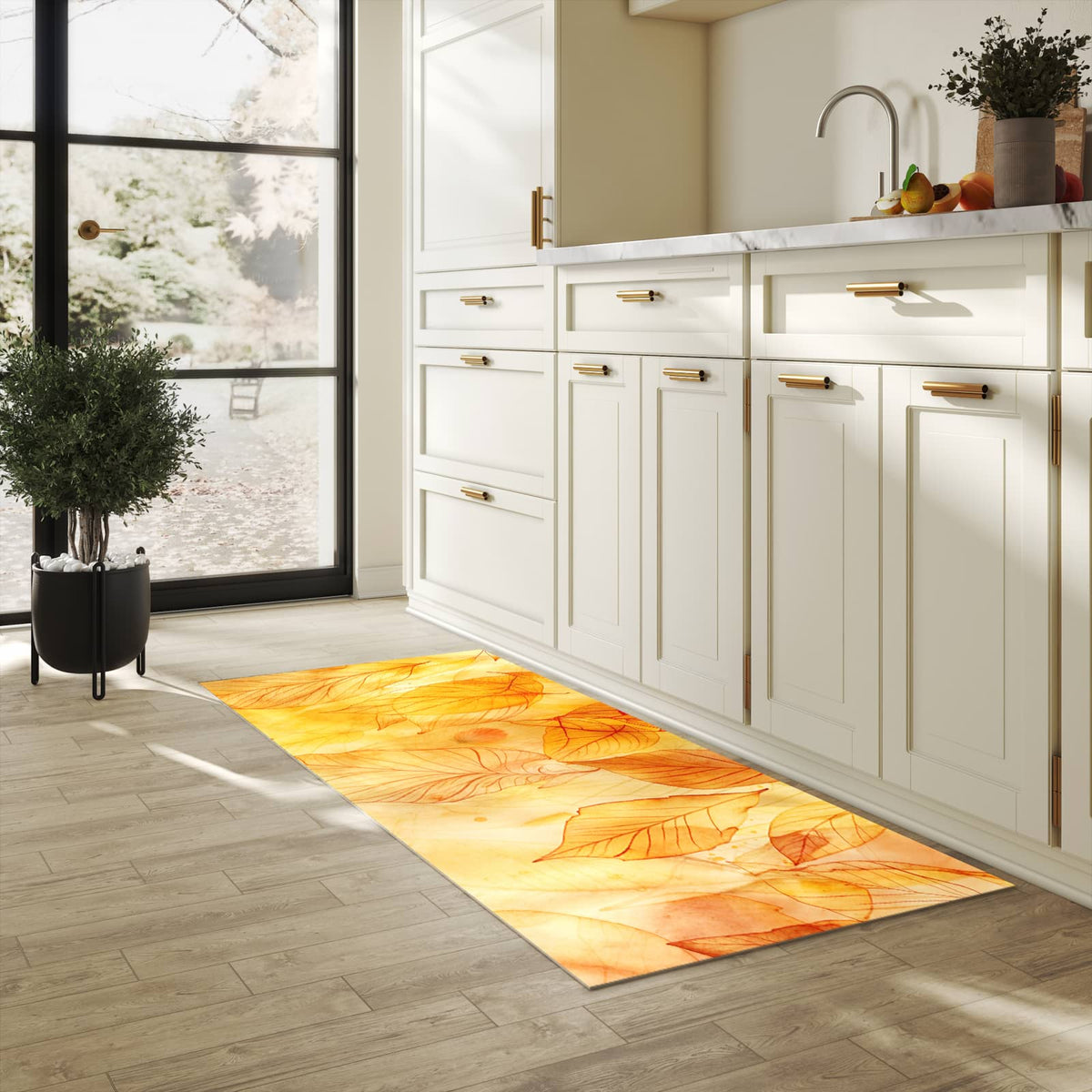 Flacher Küchenläufer mit Motiv Herbstblätter in heller Küche für lange Teppiche