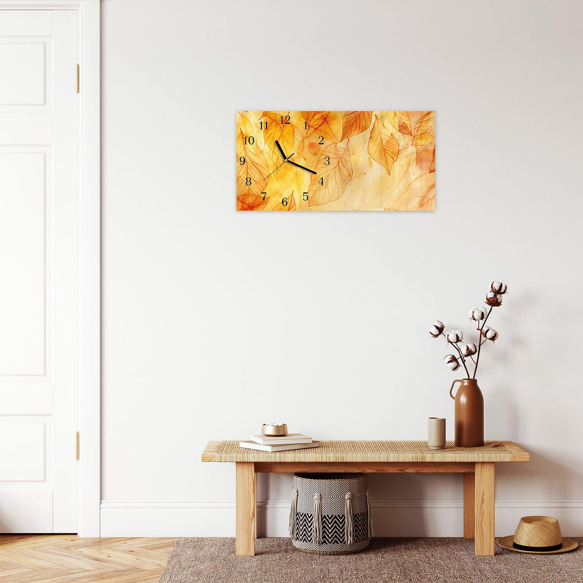 Moderne Wanduhr aus Glas mit Farbtiefe – Wanduhr Herbstblätter aus Glas – Querformat 60 × 30 cm