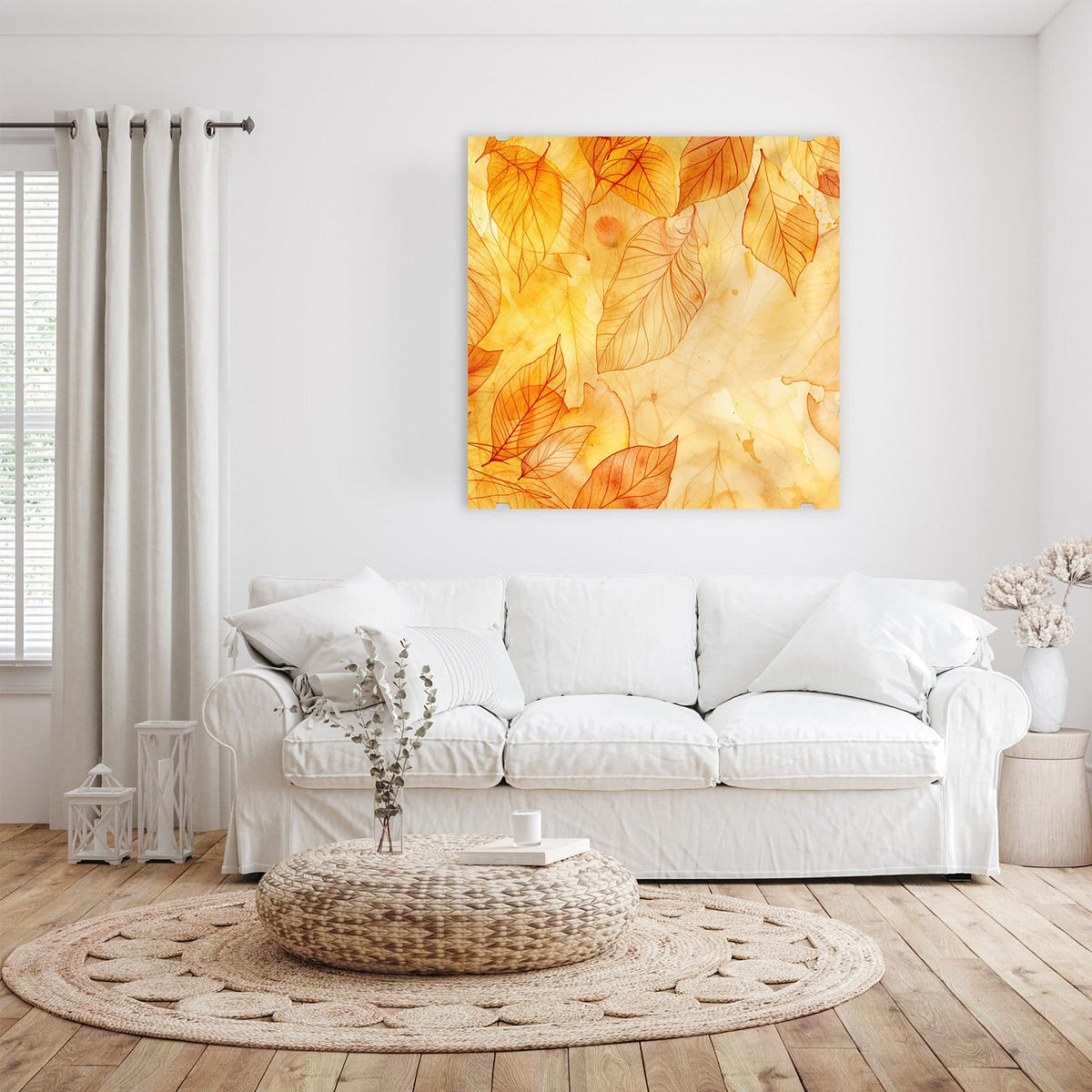 Aquarellartige, durchscheinende Blätter in Gold, Orange und Bernstein, übereinandergelegt