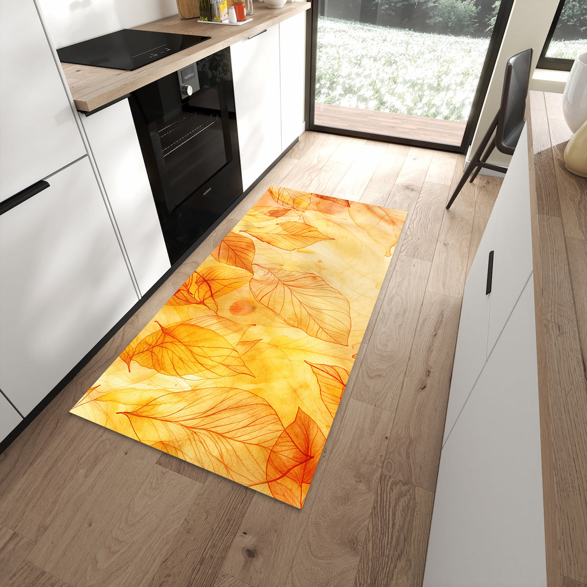 Farbbeständiger dünner Teppich mit Motiv Herbstblätter in moderner Küche