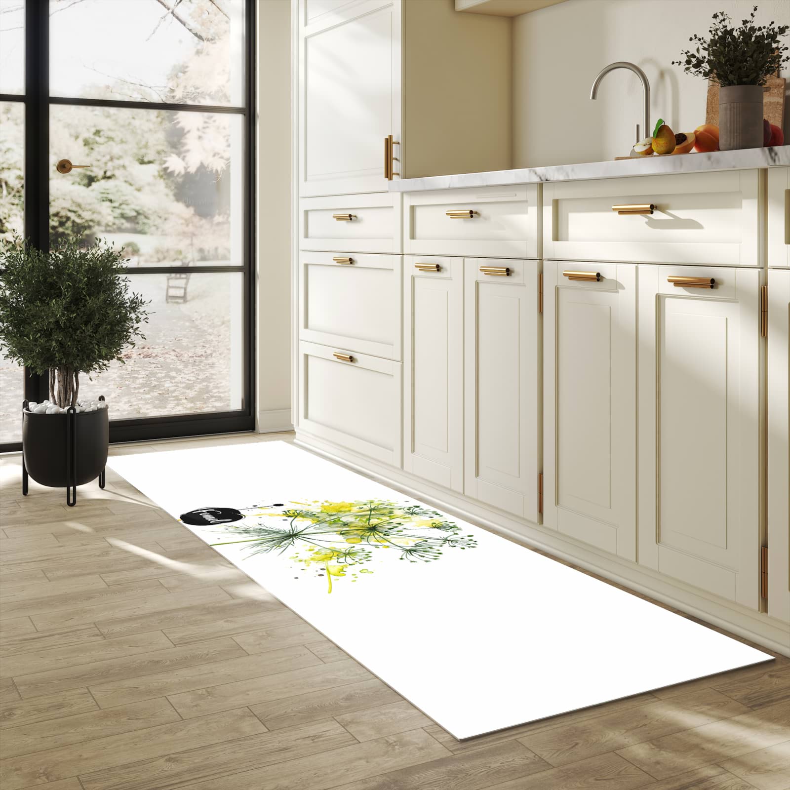 Küchenläufer mit Motiv Fennel Kunstwerk in heller Küche für sichere Aufbewahrung
