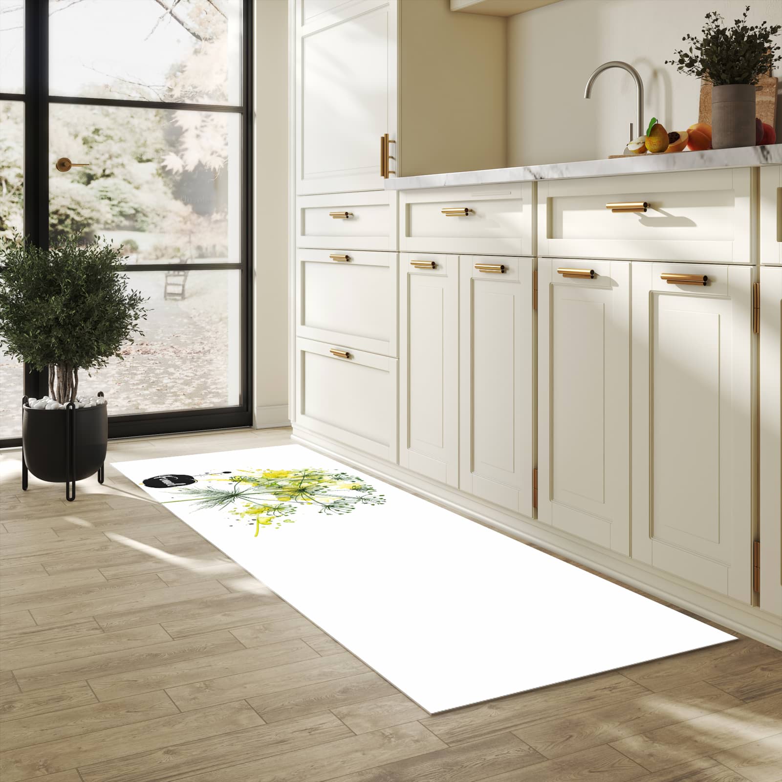 Formstabiler Küchenteppich mit Motiv Fennel Kunstwerk in heller Küche