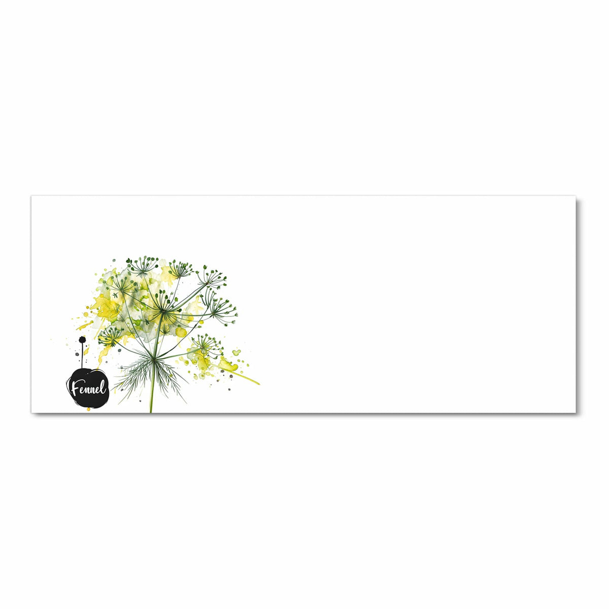 Aquarellierte Fenchel-Dolde in Gelbgrün auf Weiß, dazu der Schriftzug 'Fennel' in einem schwarzen Klecks.