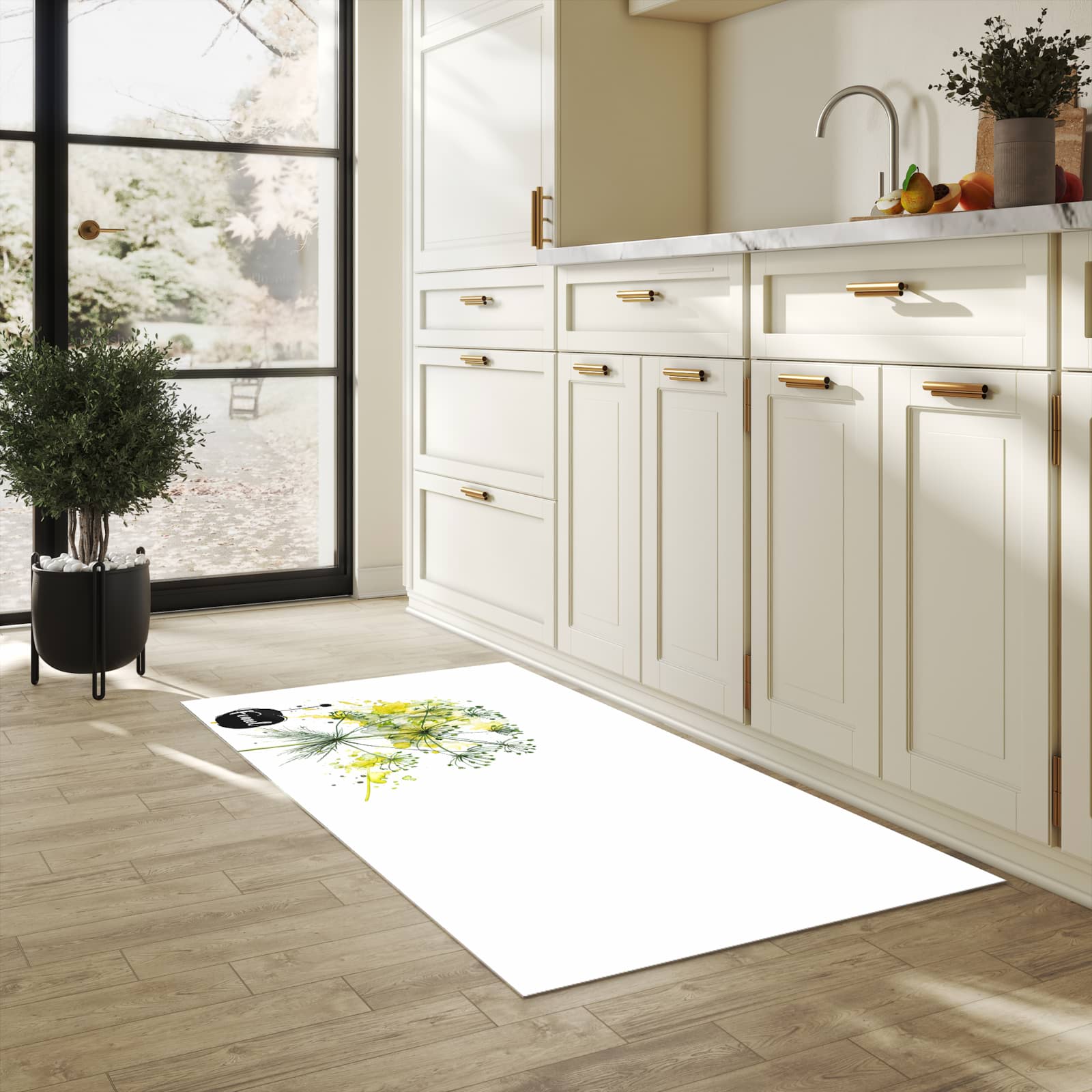 Geräuschdämpfender Küchenläufer mit Motiv Fennel Kunstwerk in heller Küche