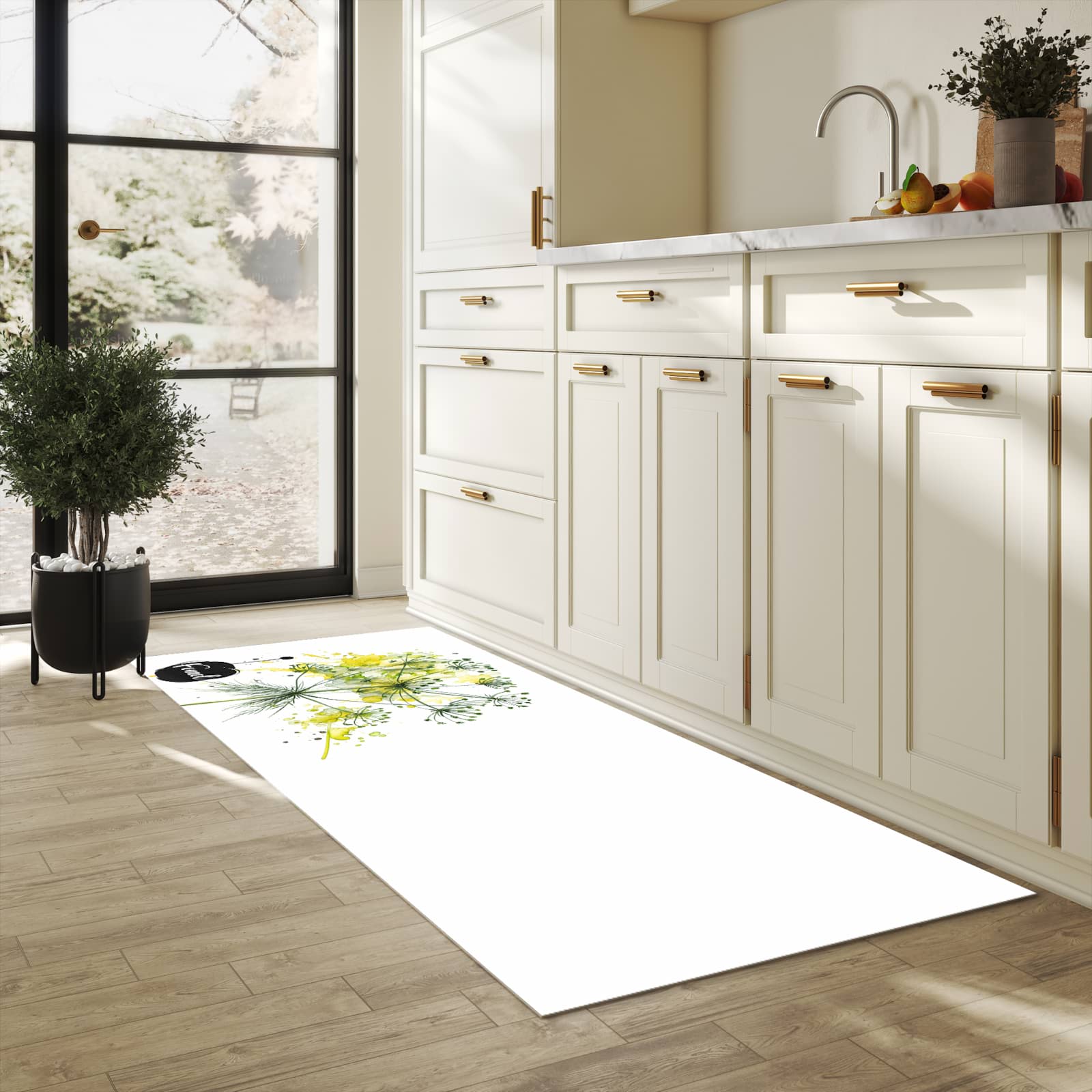 Abriebfester Küchenläufer mit Motiv Fennel Kunstwerk in heller Küche