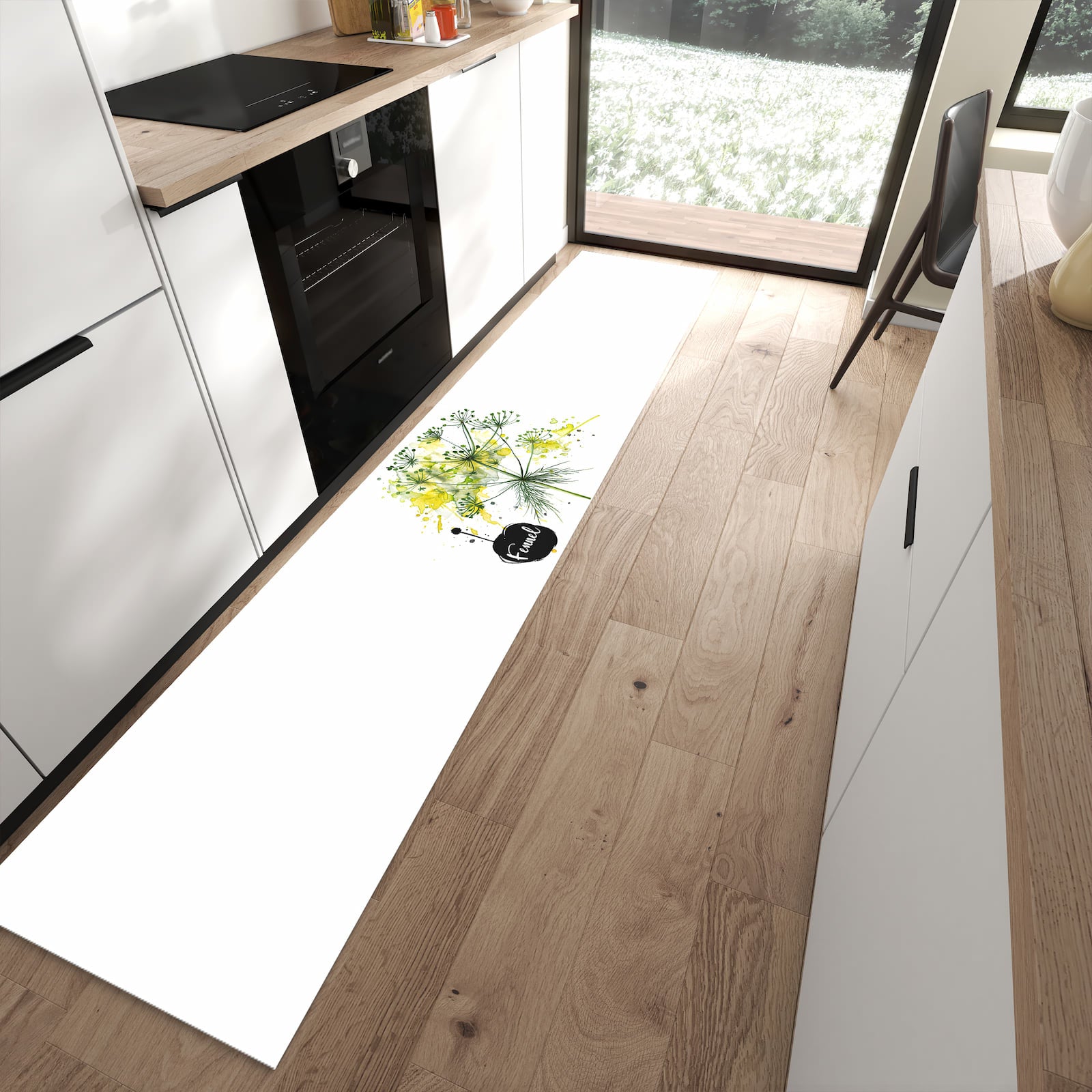 Fleckenresistenter Küchenteppich mit Motiv Fennel Kunstwerk in moderner Küche