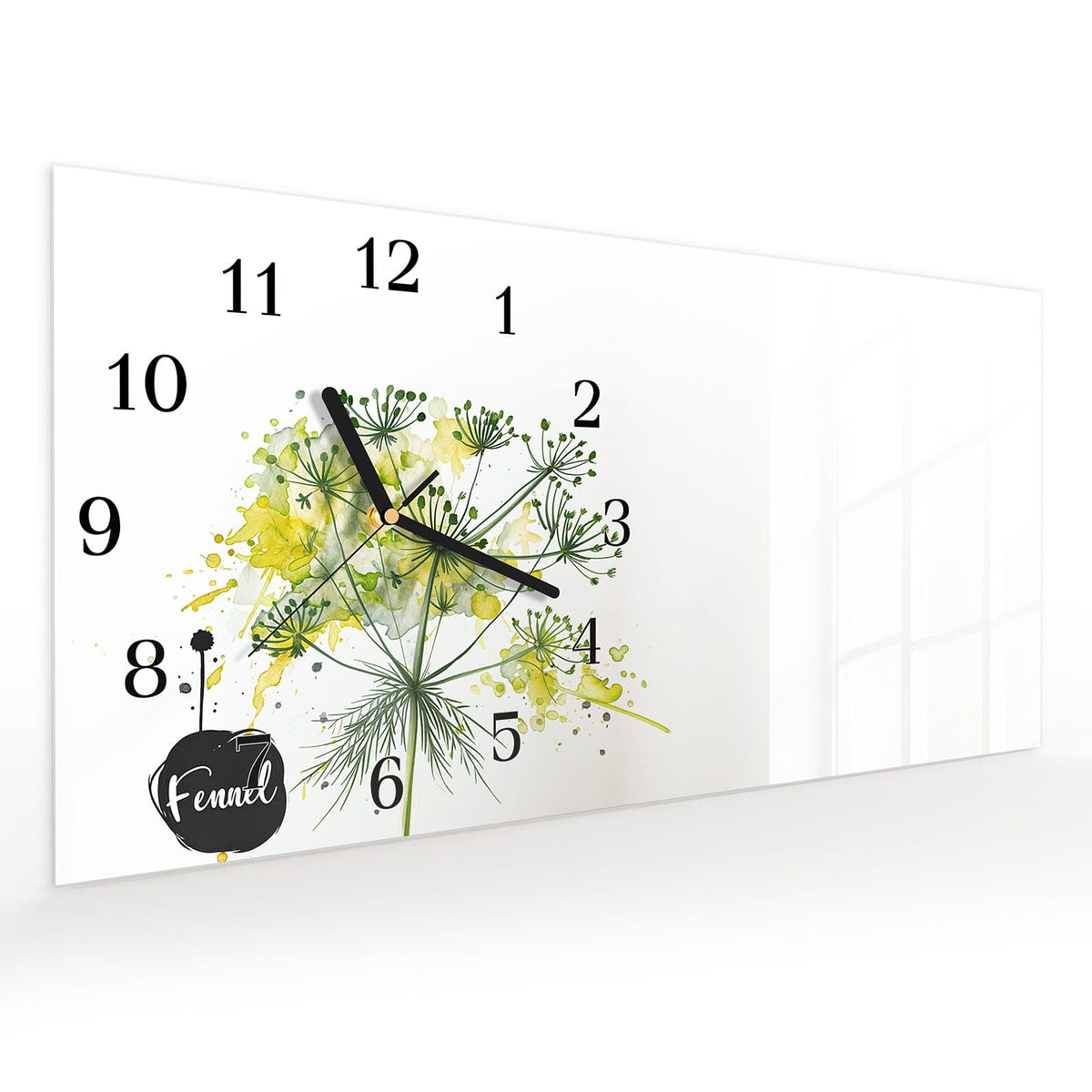 Vormontiert – mit Schwebeeffekt – Wanduhr Fennel Kunstwerk aus Glas – Querformat 60 × 30 cm