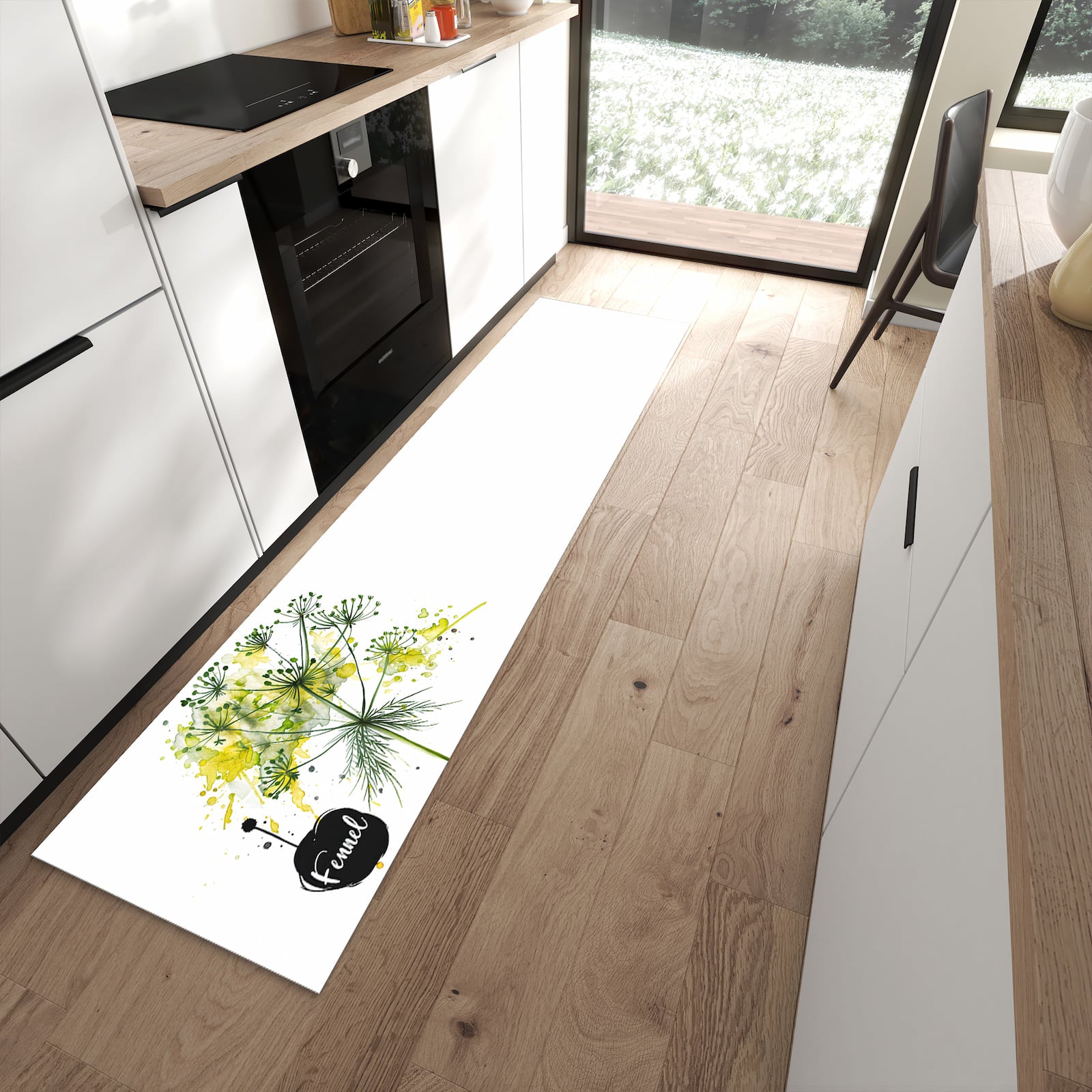 Komfortabler Küchenteppich mit Motiv Fennel Kunstwerk in moderner Küche
