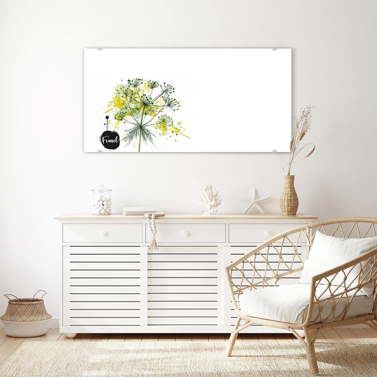 Echtglas, 4 mm – kein Acryl, keine Folie – Wandbild - Fenchel in Aquarell - Querformat