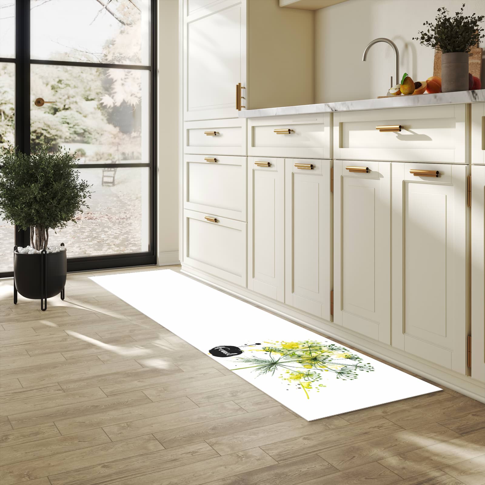 Bodenschonender Küchenteppich mit Motiv Fennel Kunstwerk in heller Küche