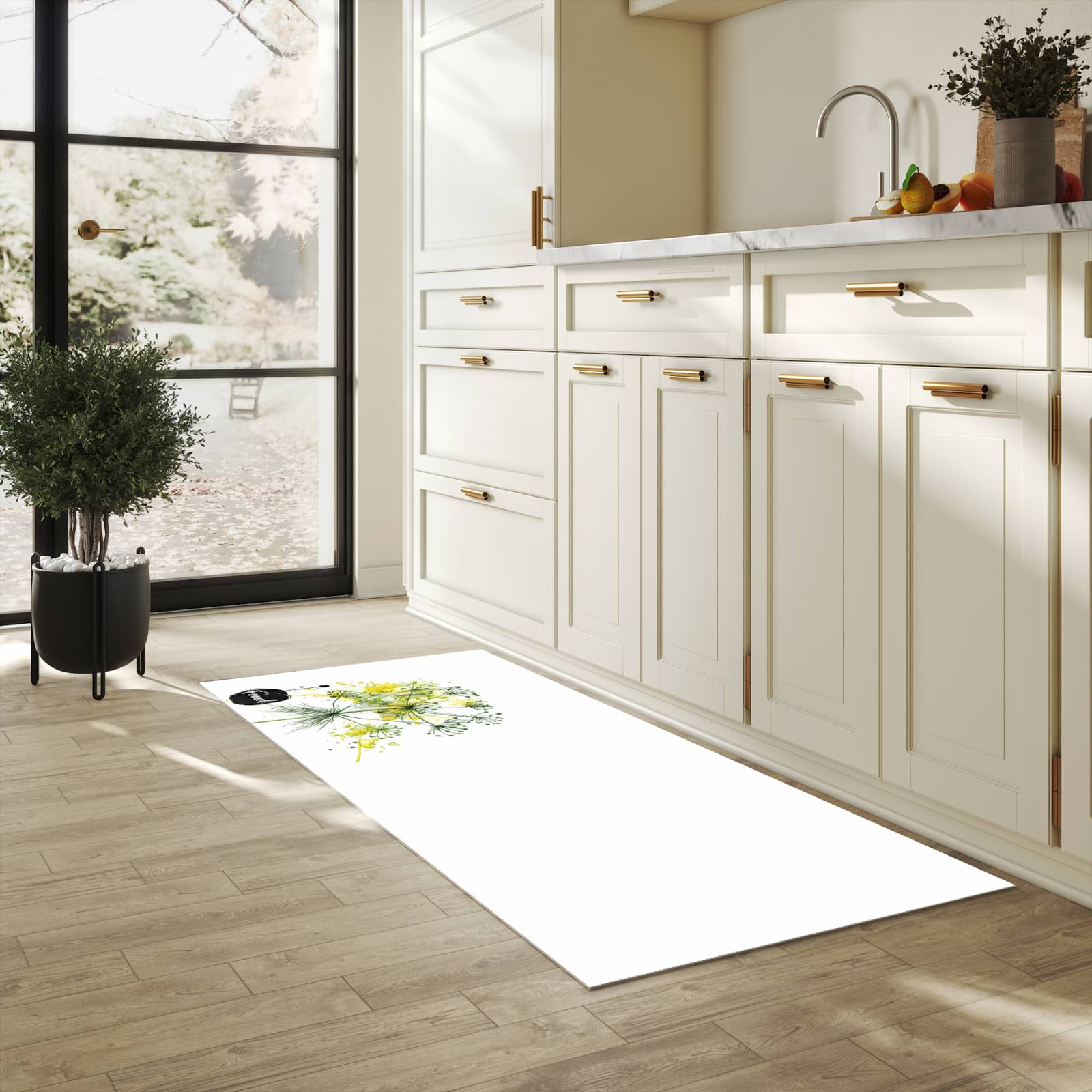 Farbbeständiger Küchenteppich mit Motiv Fennel Kunstwerk in heller Küche