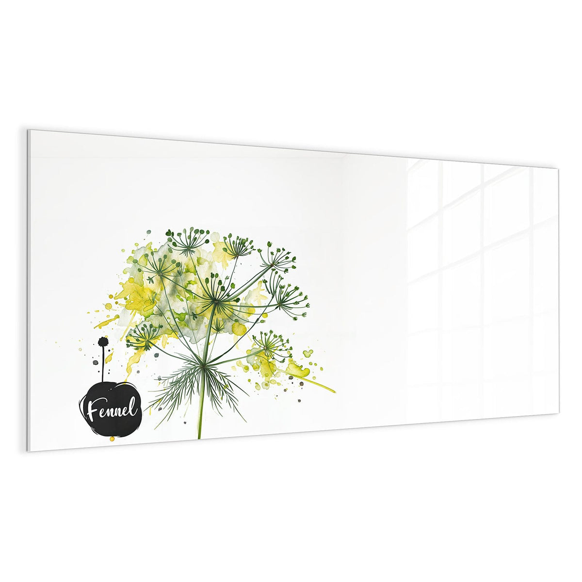 Aquarellierte Fenchel-Dolde in Gelbgrün auf Weiß, dazu der Schriftzug 'Fennel' in einem schwarzen Klecks.