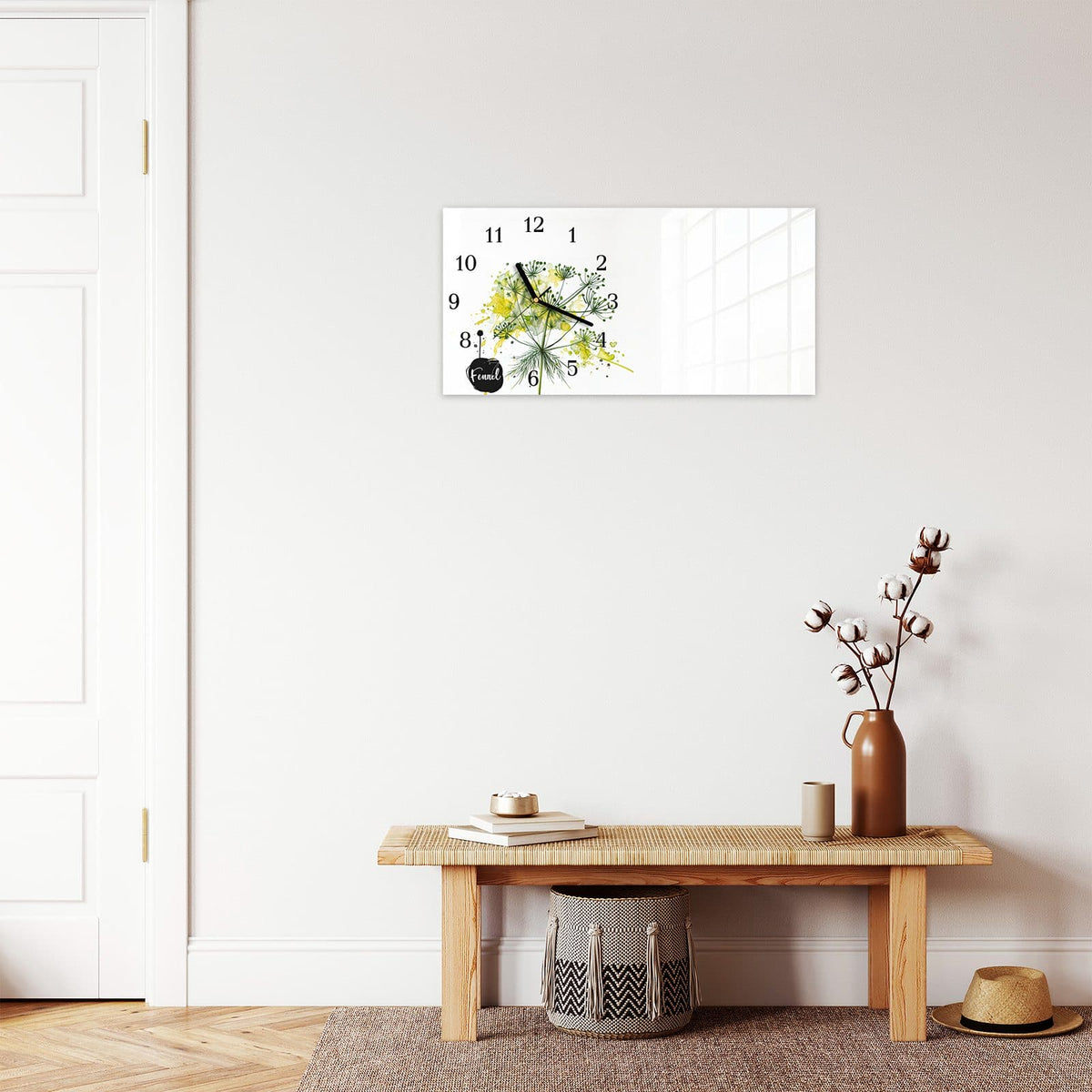 Moderne Wanduhr aus Glas mit Farbtiefe – Wanduhr Fennel Kunstwerk aus Glas – Querformat 60 × 30 cm