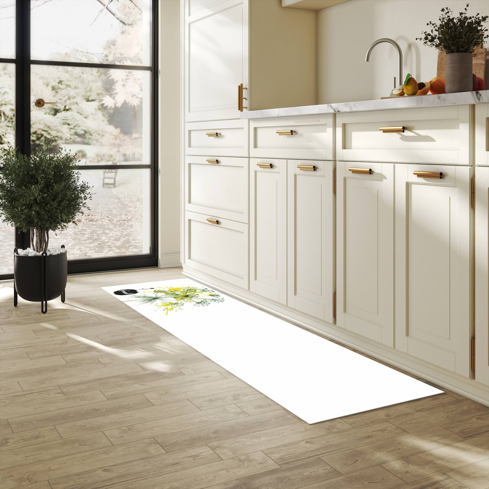 Feuchtigkeitsresistenter Teppich für Küche mit Motiv Fennel Kunstwerk in heller Küche