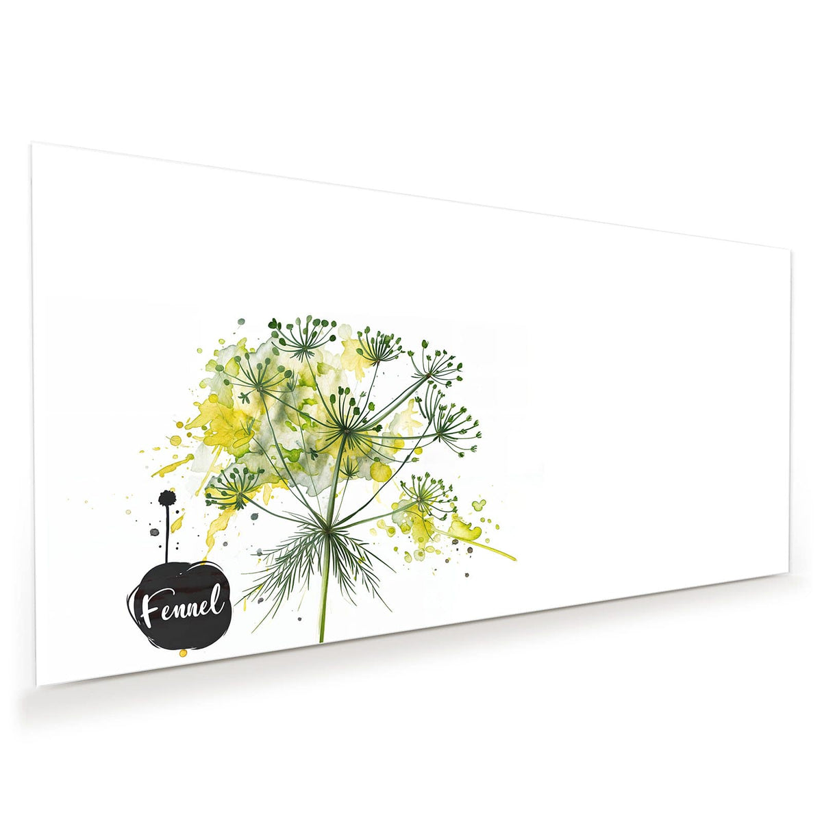 Aquarellierte Fenchel-Dolde in Gelbgrün auf Weiß, dazu der Schriftzug 'Fennel' in einem schwarzen Klecks.