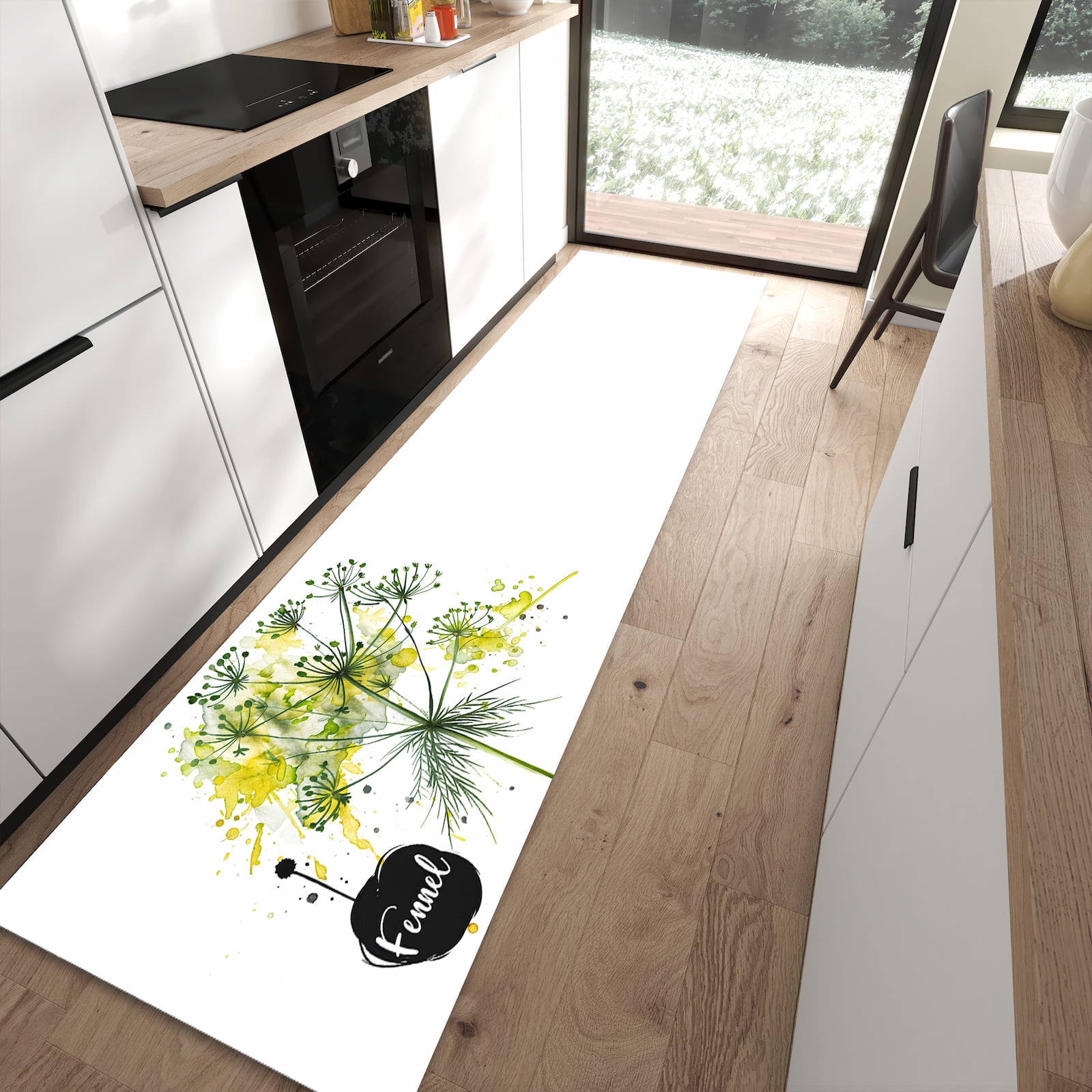 Pflegeleichter Läufer für die Küche mit Motiv Fennel Kunstwerk in moderner Küche