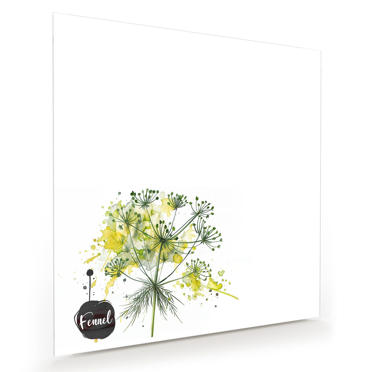 Aquarellierte Fenchel-Dolde in Gelbgrün auf Weiß, dazu der Schriftzug 'Fennel' in einem schwarzen Klecks.