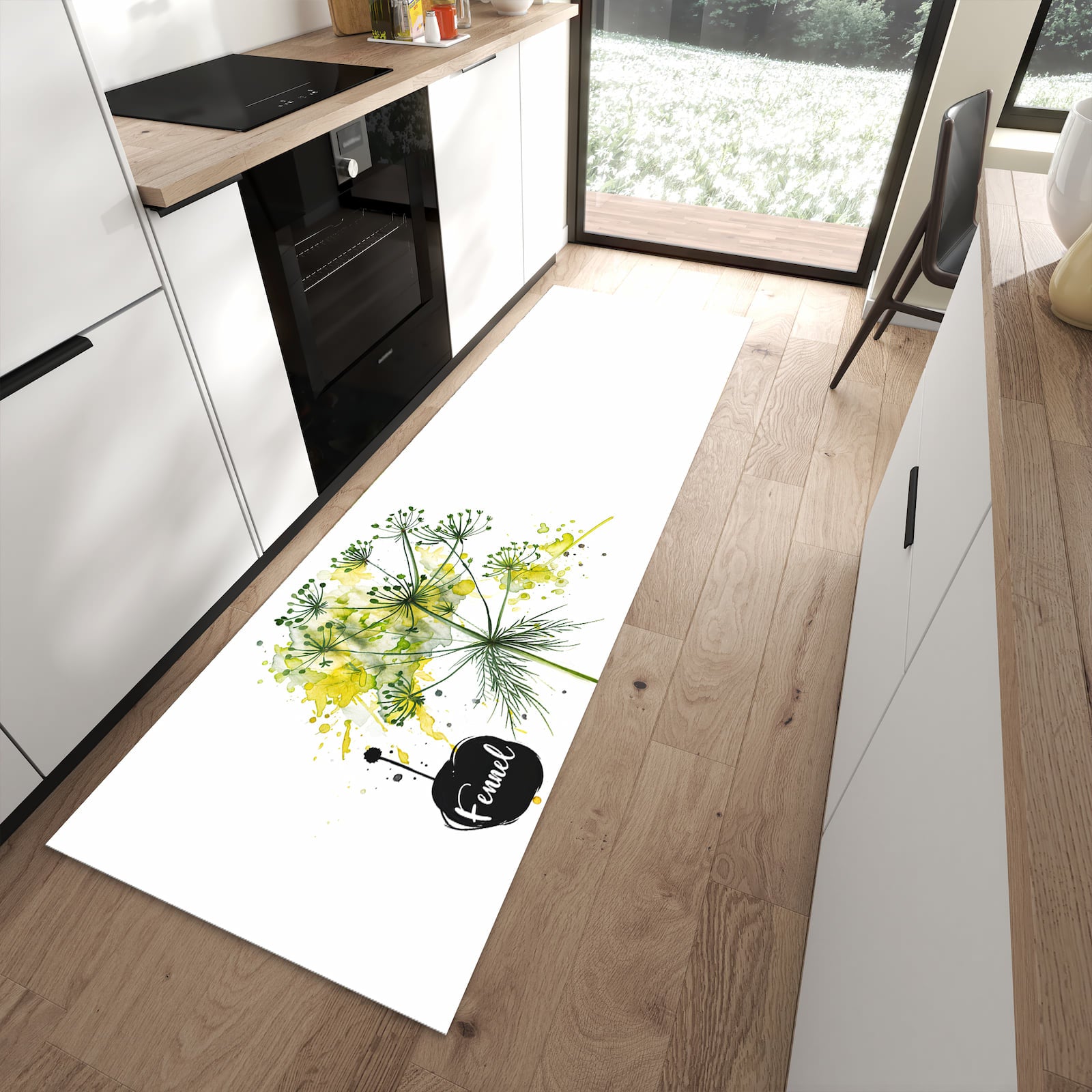 Langlebiger Küchenteppich mit Motiv Fennel Kunstwerk in moderner Küche