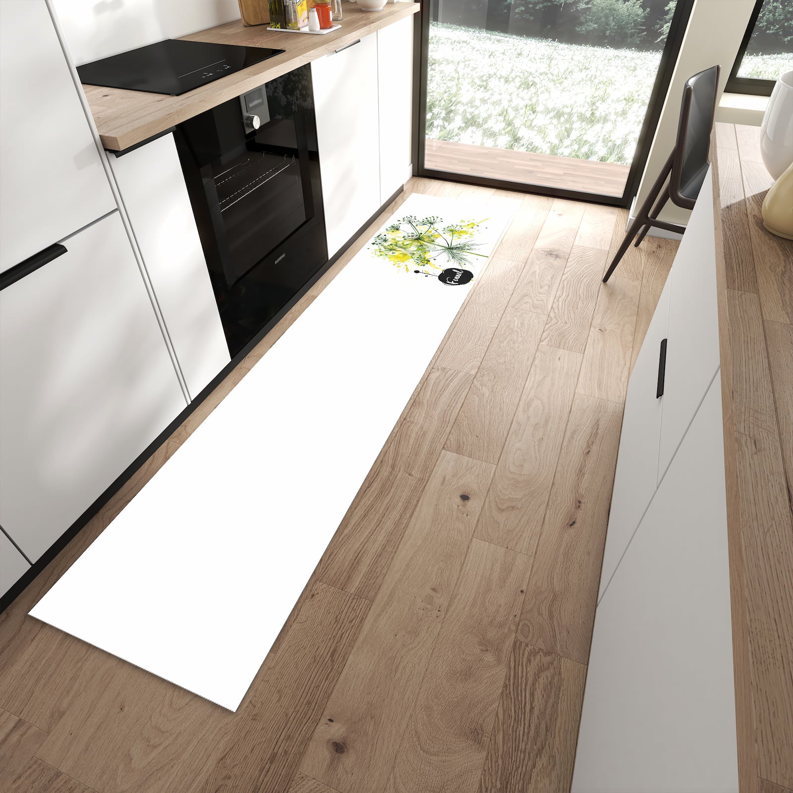 Wasserabweisender Teppich für Küche mit Motiv Fennel Kunstwerk in moderner Küche