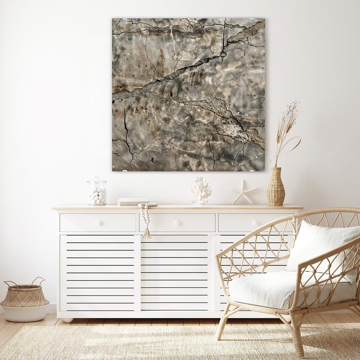 Echtglas, 4 mm – kein Acryl, keine Folie – Wandbild - Tiefe Risse im Stein - Quadratisch