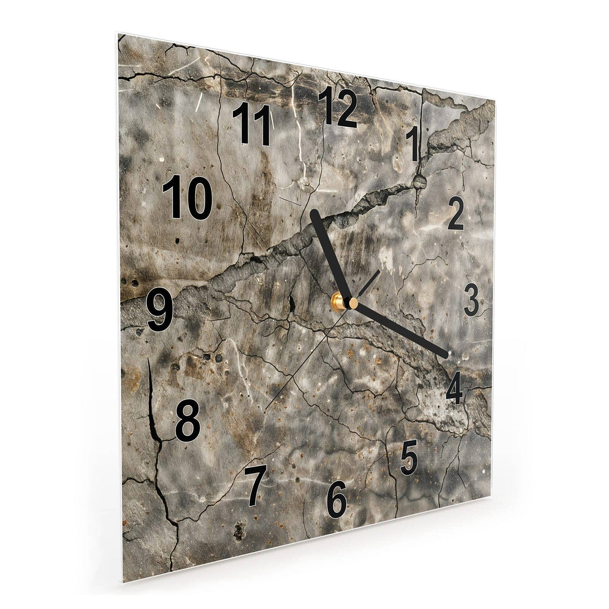 Quadratische Wanduhr aus Glas Tiefe Risse im Stein schräg von der Seite, 4 mm starkes Glas