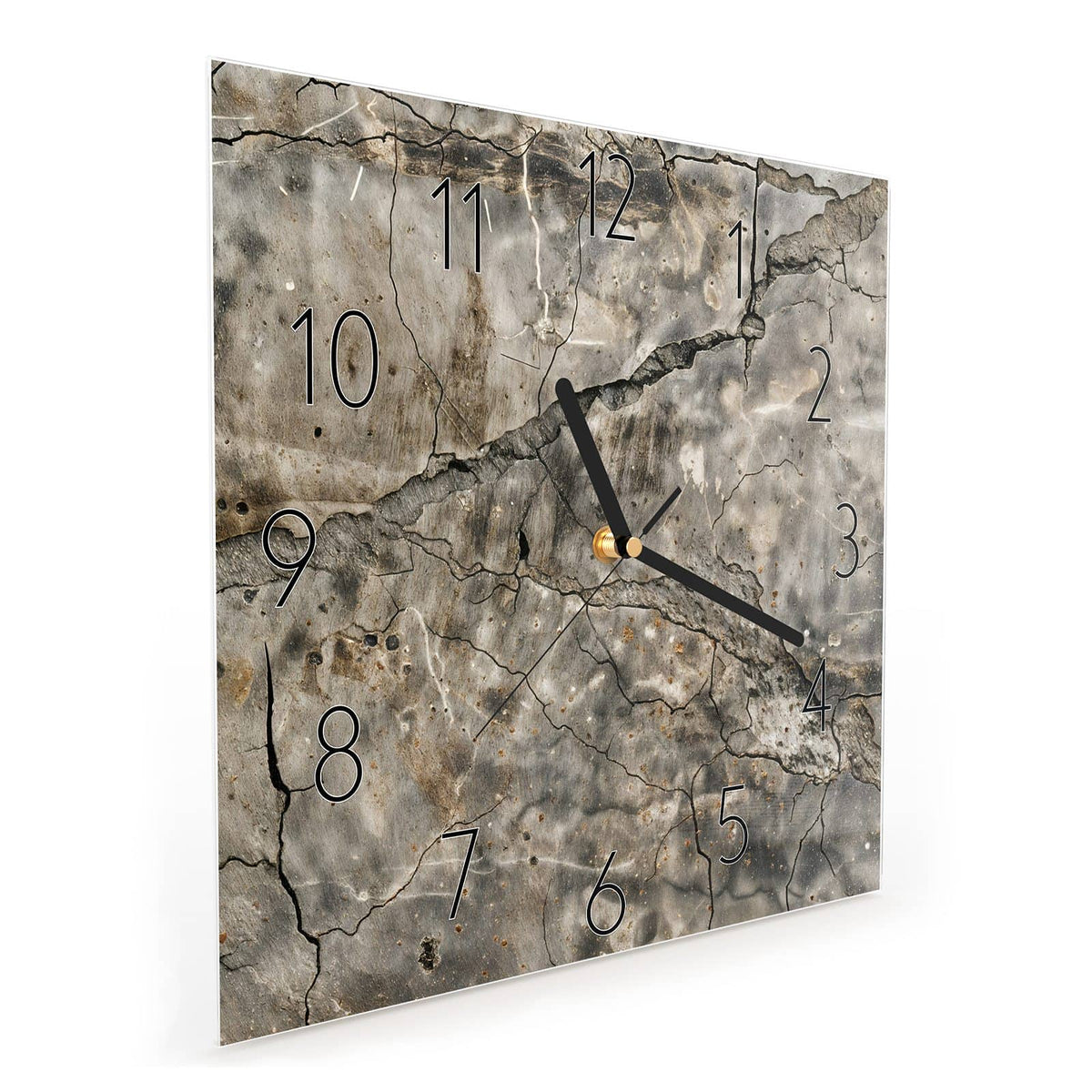Quadratische Wanduhr aus Glas Tiefe Risse im Stein schräg von der Seite, 4 mm starkes Glas
