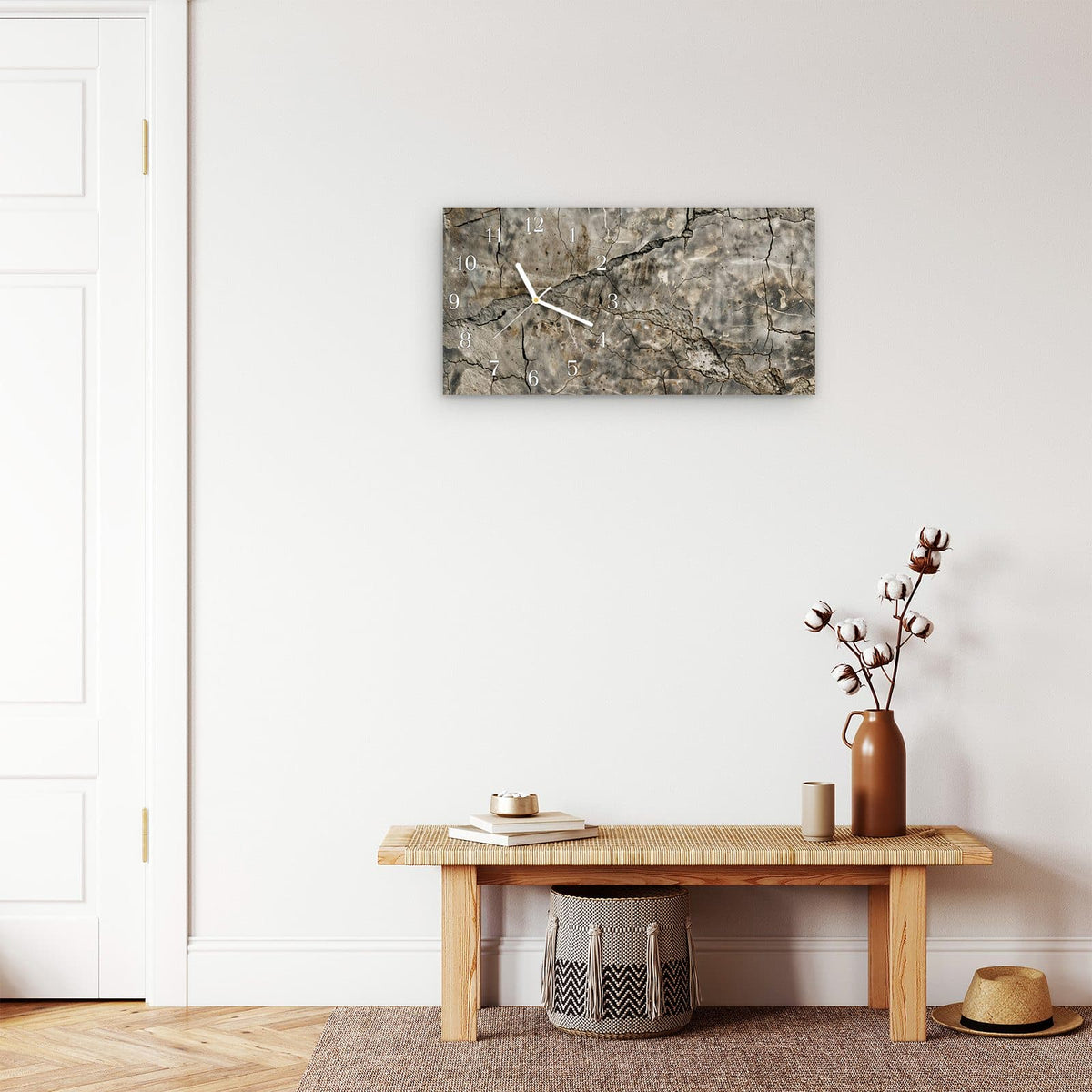 Moderne Wanduhr aus Glas mit Farbtiefe – Wanduhr Rissige & Oberfläche aus Glas – Querformat 60 × 30 cm