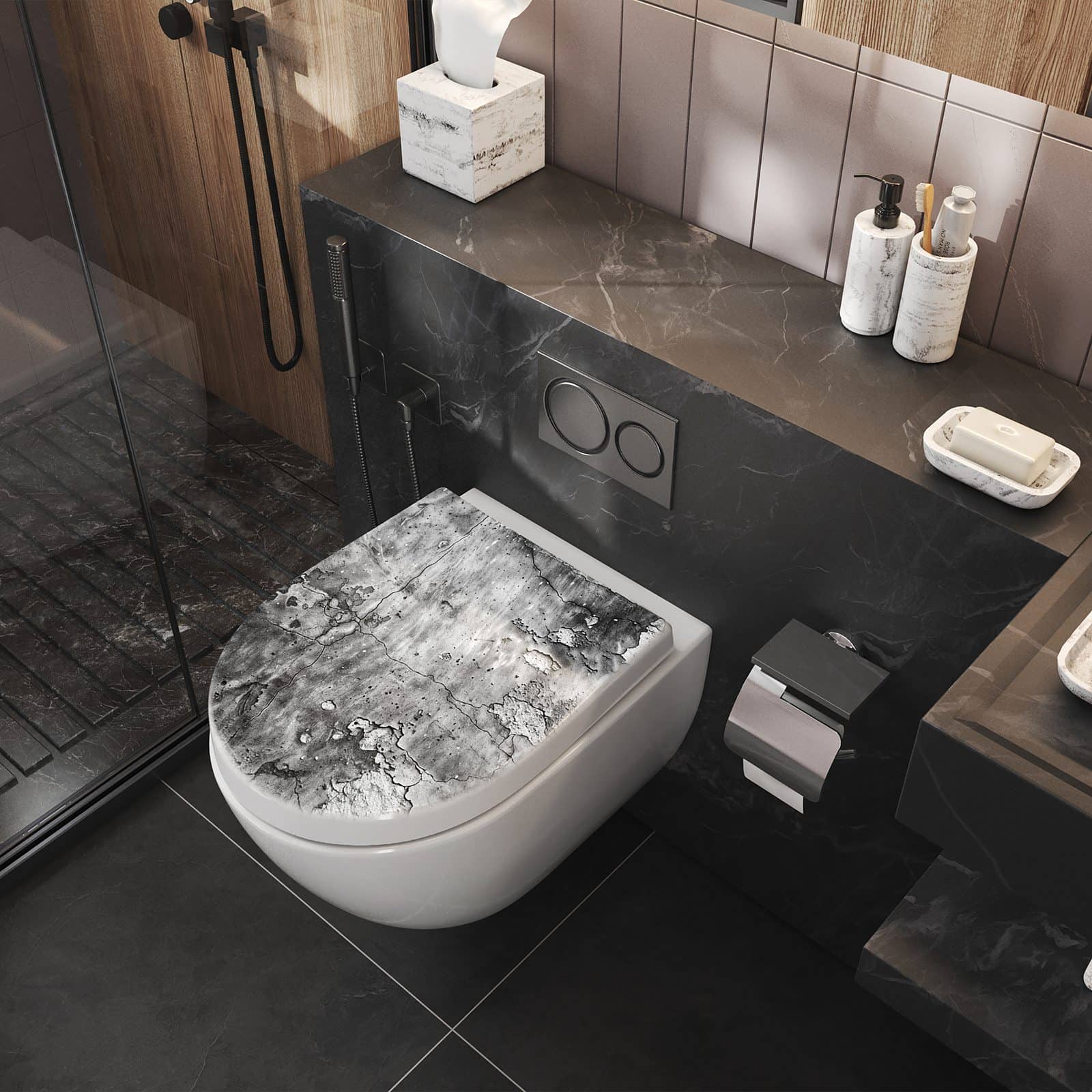 Robuste Toilettenbrille mit Absenkautomatik und Motiv Abgenutzte Wand im Badezimmer seitliche Perspektive
