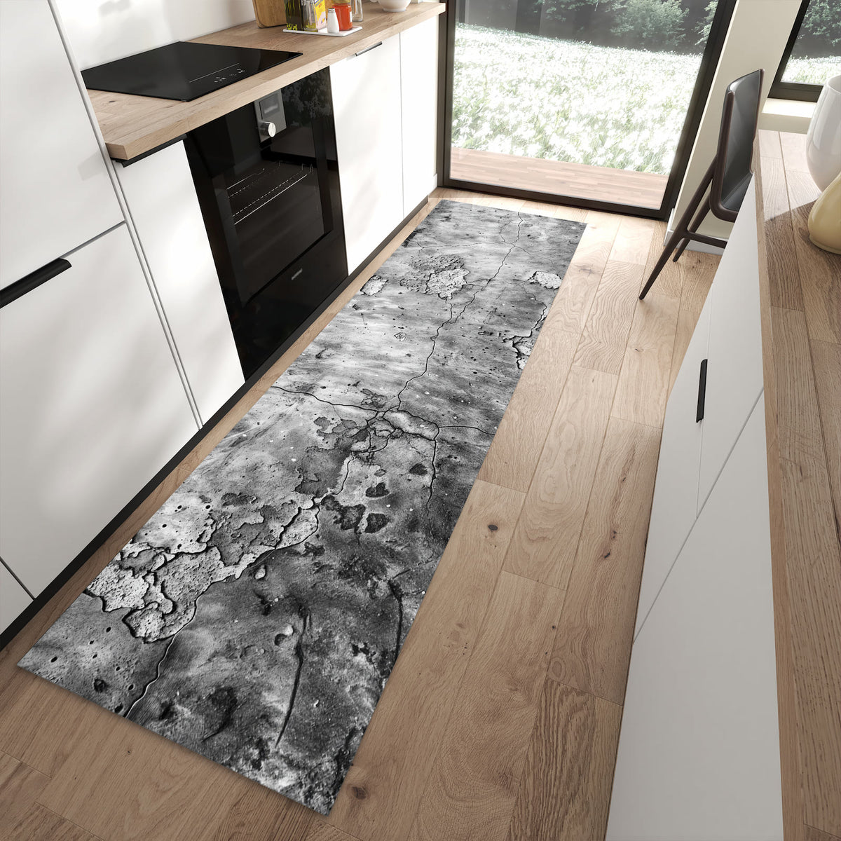 Farbbeständiger Küchenläufer mit Motiv Abgenutzte Wand in moderner Küche