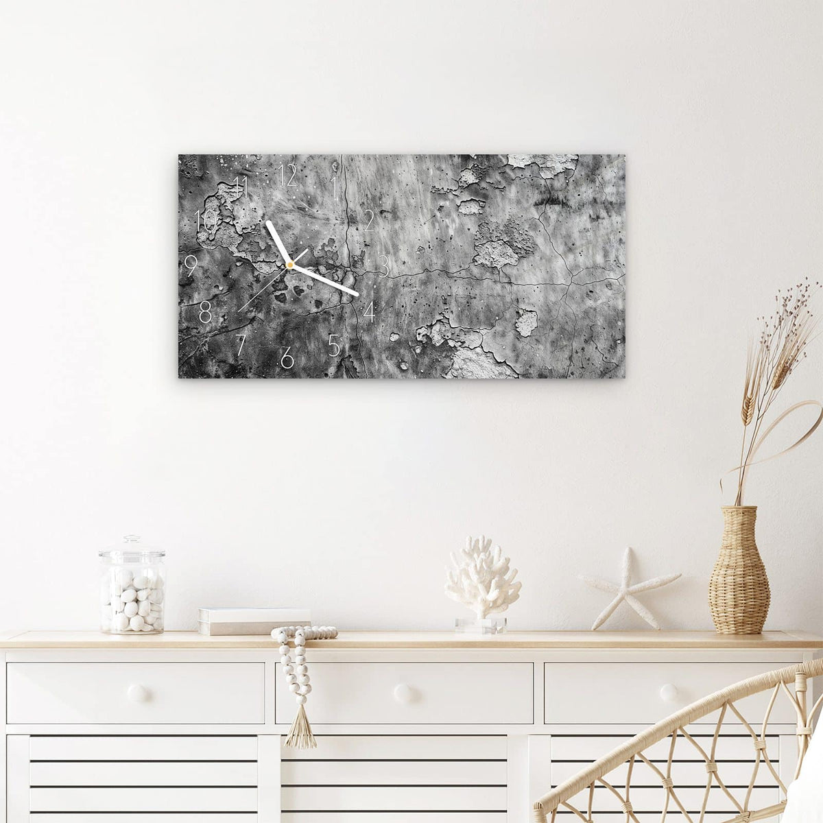 Wanduhr Abgenutzte Wand aus Glas – Querformat 60 × 30 cm – Verwitterter Putz mit Abplatzungen
