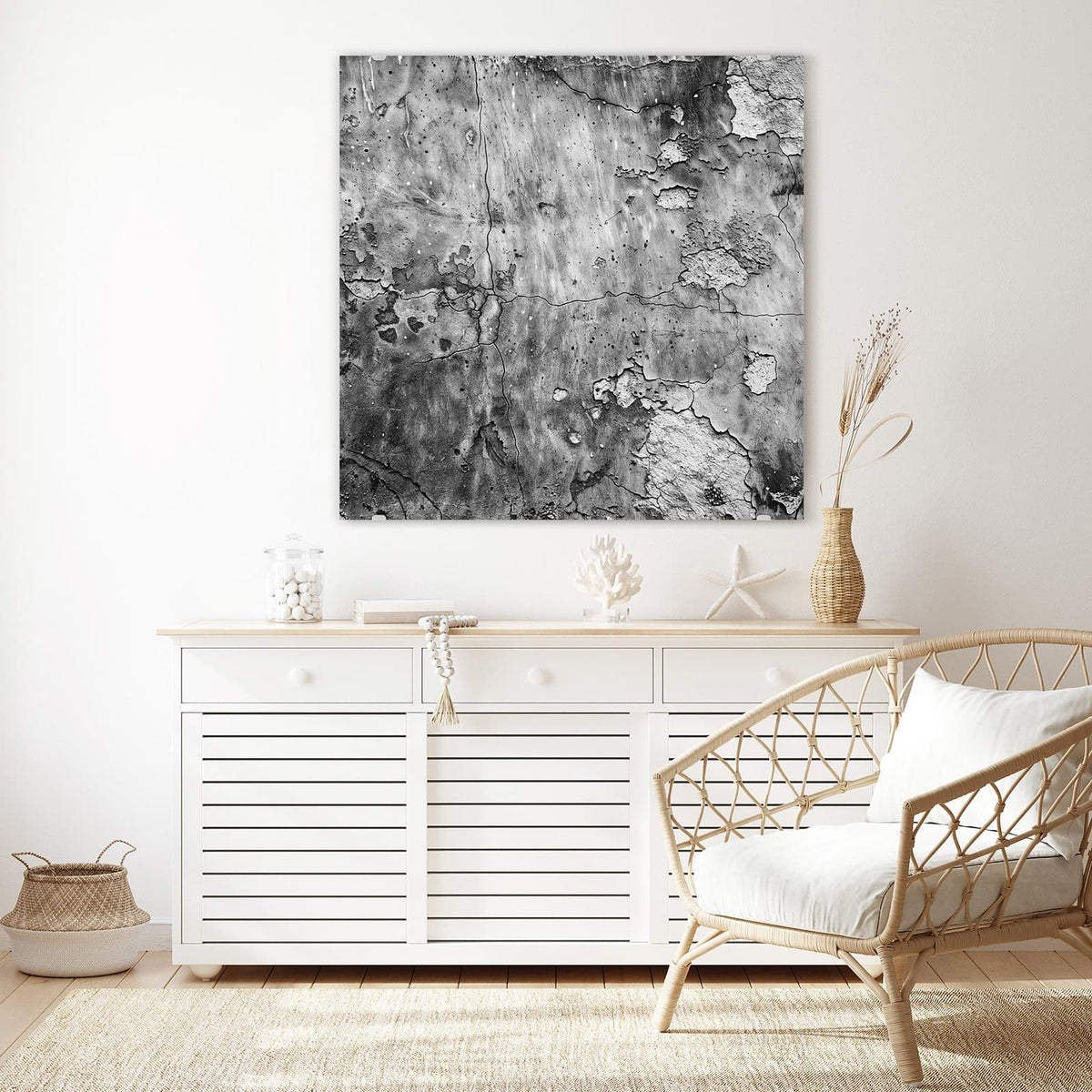 Echtglas, 4 mm – kein Acryl, keine Folie – Wandbild - Rissiger Putz in Grau - Quadratisch