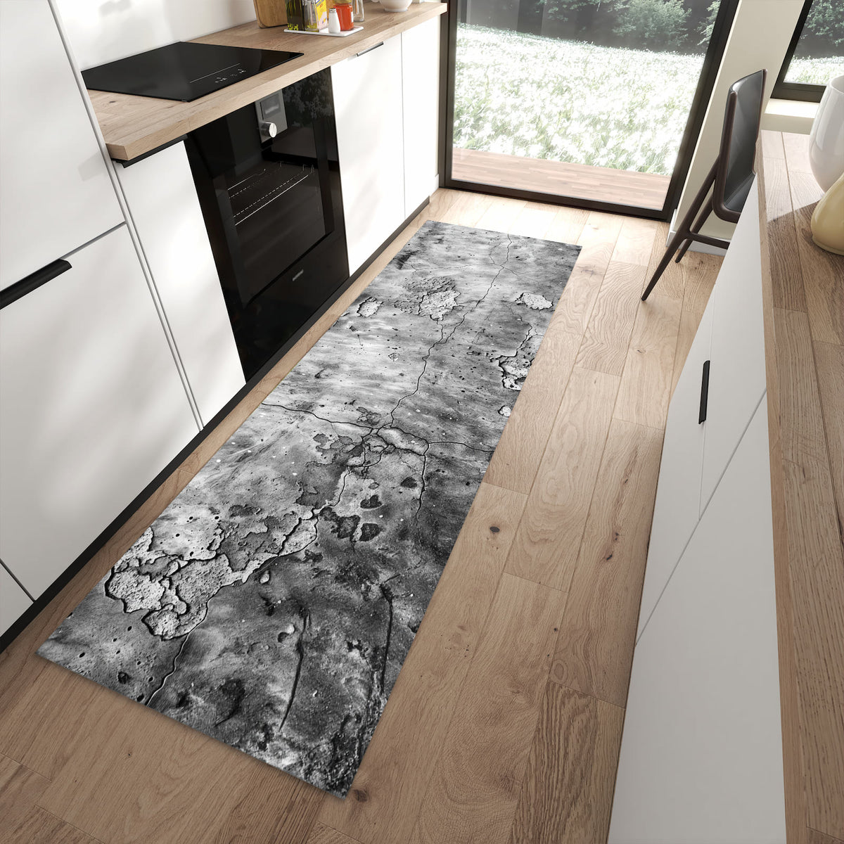 Bodenschonender rutschfester Küchenläufer mit Motiv Abgenutzte Wand in moderner Küche