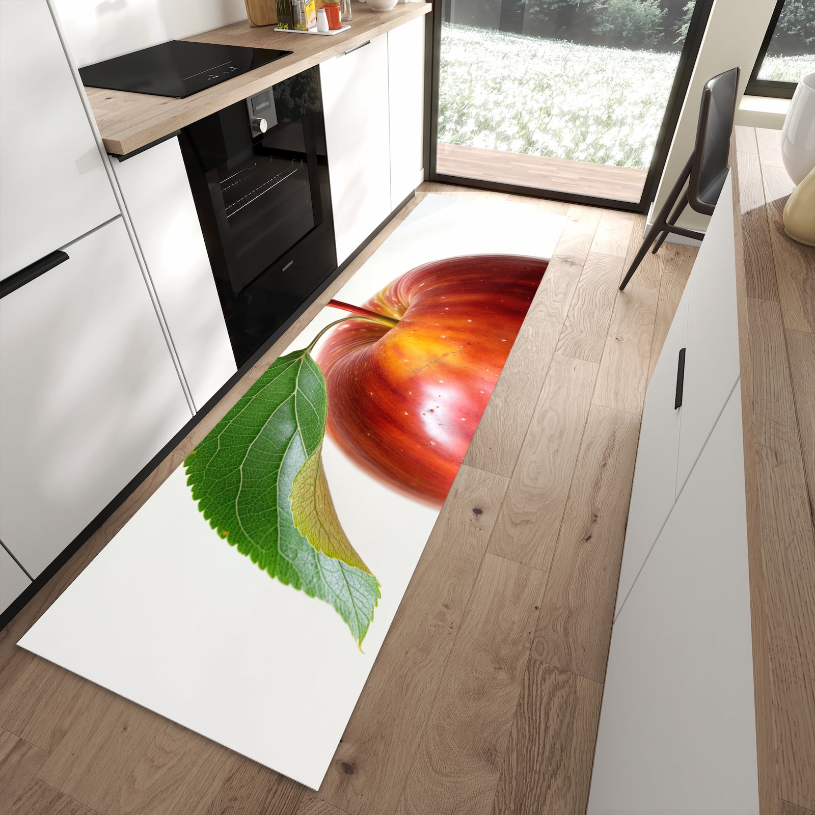 Komfortabler waschbarer Küchenteppich mit Motiv Roter Apfel Mit Blatt in moderner Küche