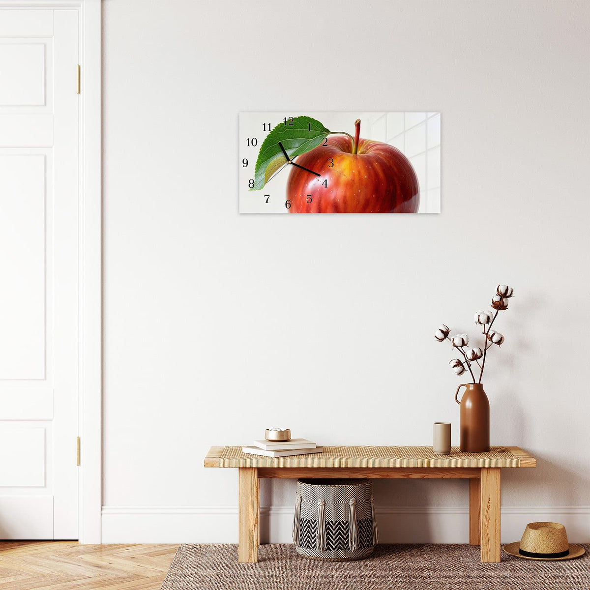 Moderne Wanduhr aus Glas mit Farbtiefe – Wanduhr Roter Apfel Mit Blatt aus Glas – Querformat 60 × 30 cm