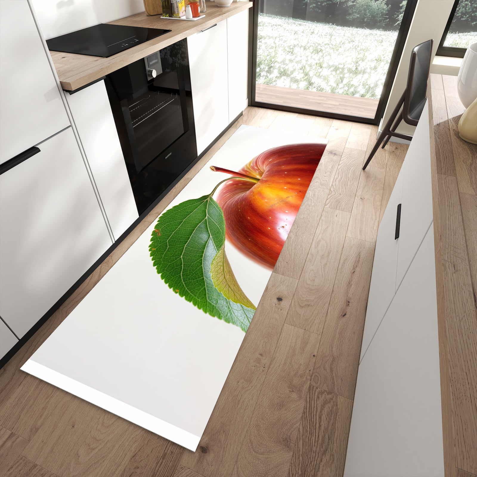Pflegeleichter Küchenteppich mit Motiv Roter Apfel Mit Blatt in moderner Küche