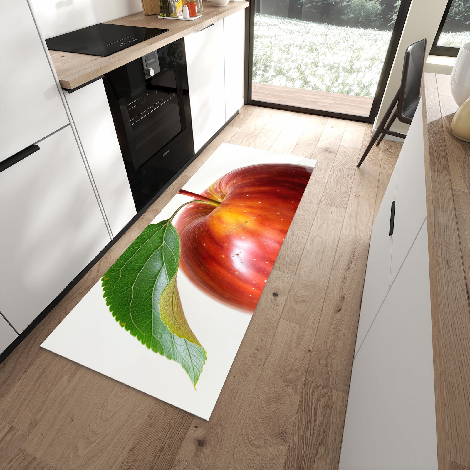 Flacher Küchenteppich mit Motiv Roter Apfel Mit Blatt in moderner Küche für rutschfesten Stand