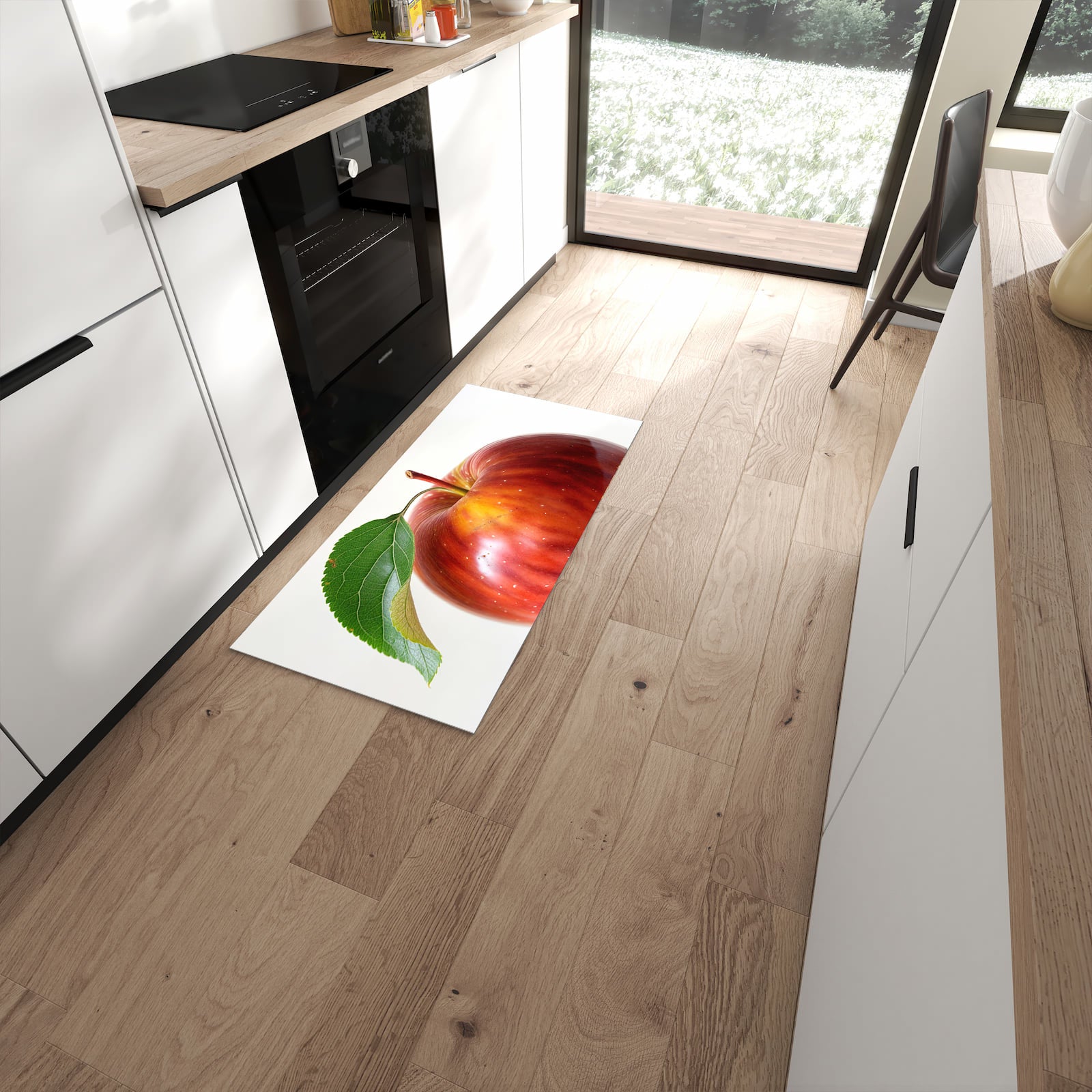 UV-beständiger waschbarer Teppich für Esstisch mit Motiv Roter Apfel Mit Blatt in moderner Küche #grösse_60 x 120 cm