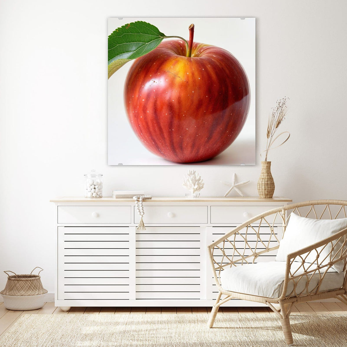 Glasbild Roter Apfel mit Blatt an der Wand – Glänzender rot-gelber Apfel mit Stiel und einem grünen Blatt vor hellem Grund
