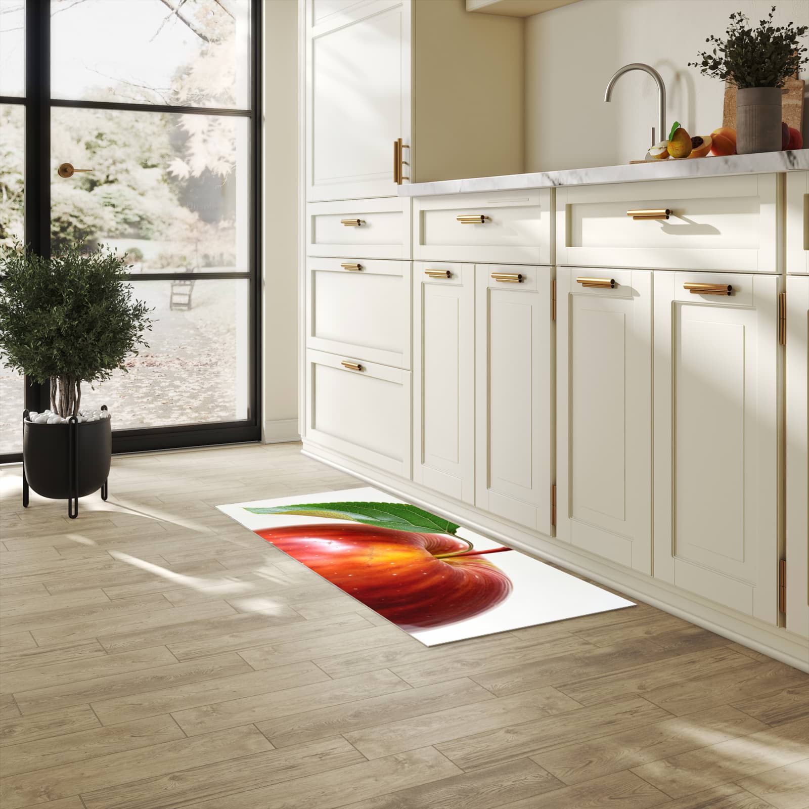 Feuchtigkeitsresistenter Bodenläufer mit Motiv Roter Apfel Mit Blatt in heller Küche