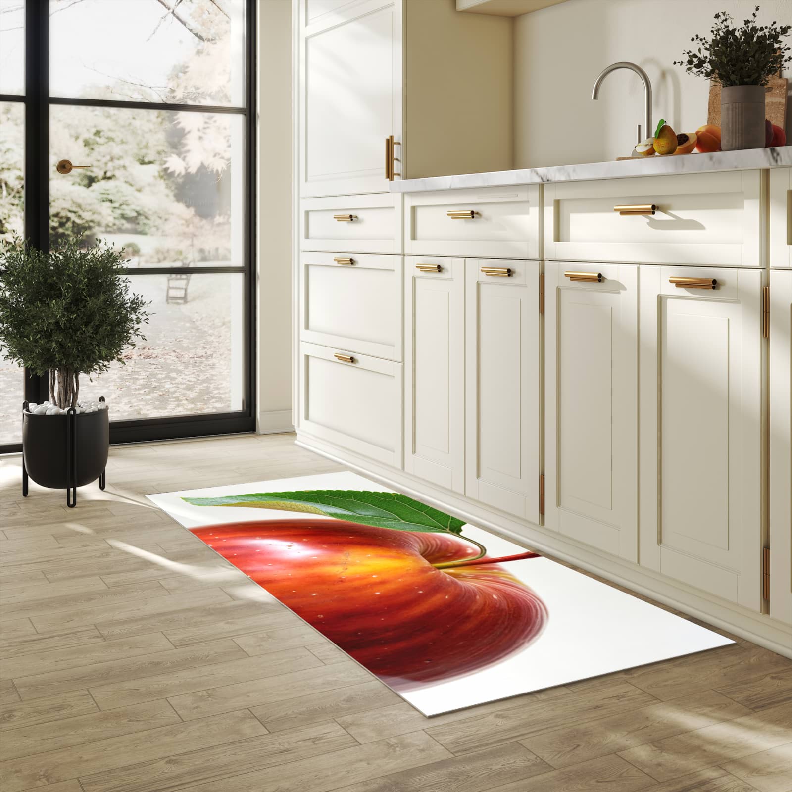 Küchenteppich mit Motiv Roter Apfel Mit Blatt in heller Küche für sicheres Aufbewahren