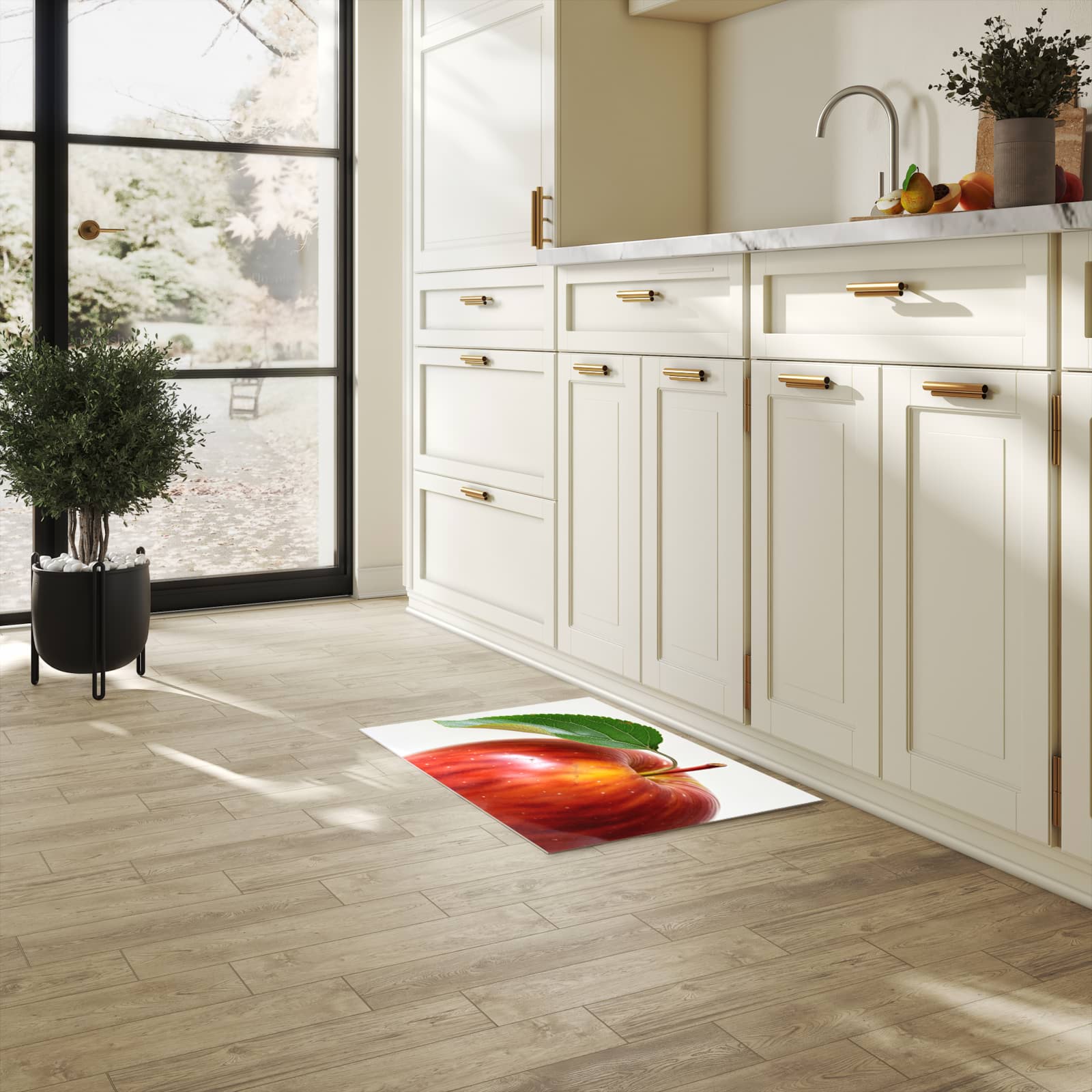 Formstabiler rutschfester Küchenteppich mit Motiv Roter Apfel Mit Blatt in heller Küche
