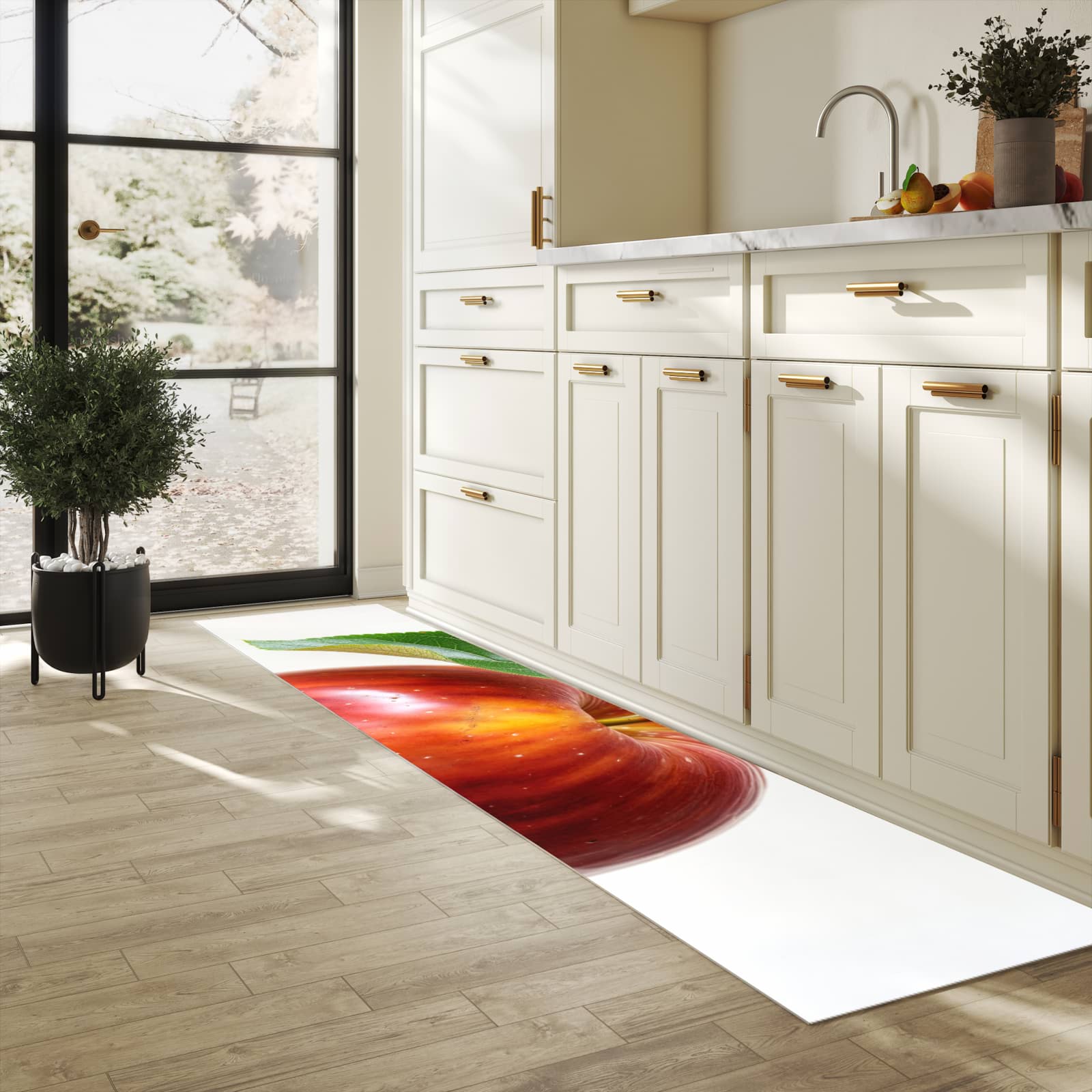 Farbbeständiger Küchenteppich mit Motiv Roter Apfel Mit Blatt in heller Küche
