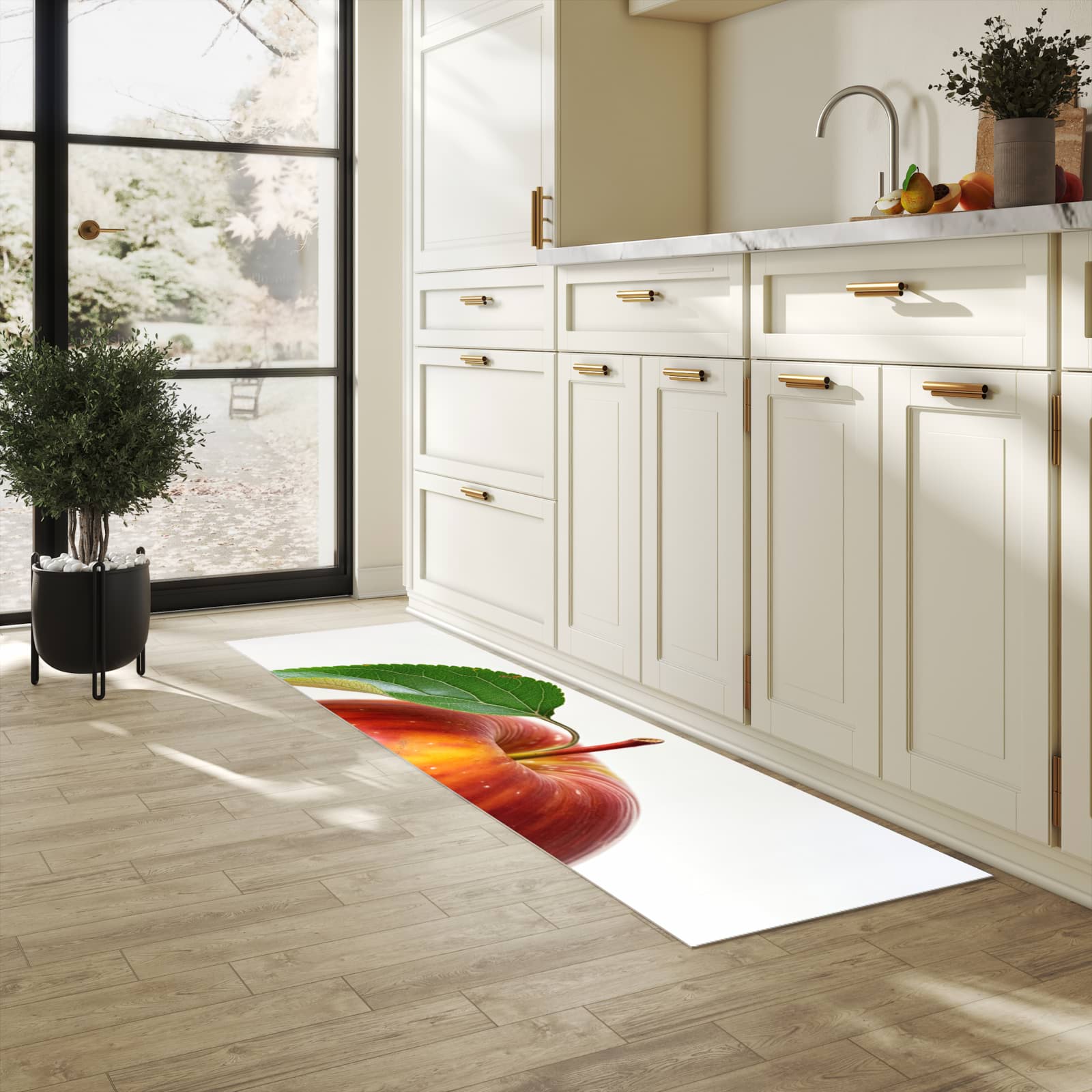 Küchenteppich mit Motiv Roter Apfel Mit Blatt für Ordnung & Übersicht in heller Küche