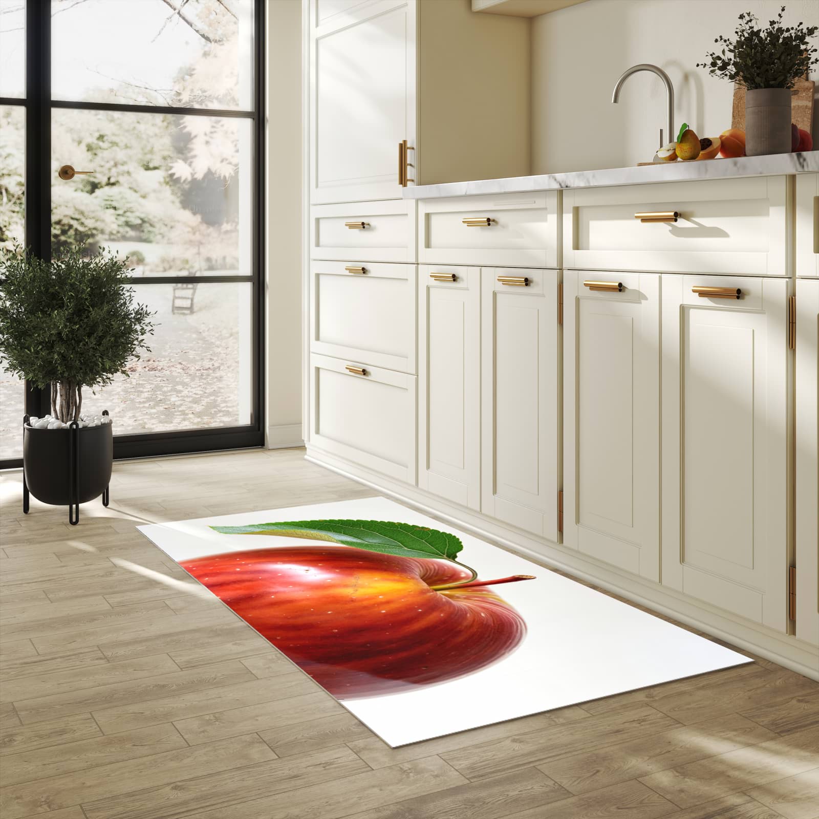 UV-beständiger Küchenteppich mit Motiv Roter Apfel Mit Blatt in heller Küche