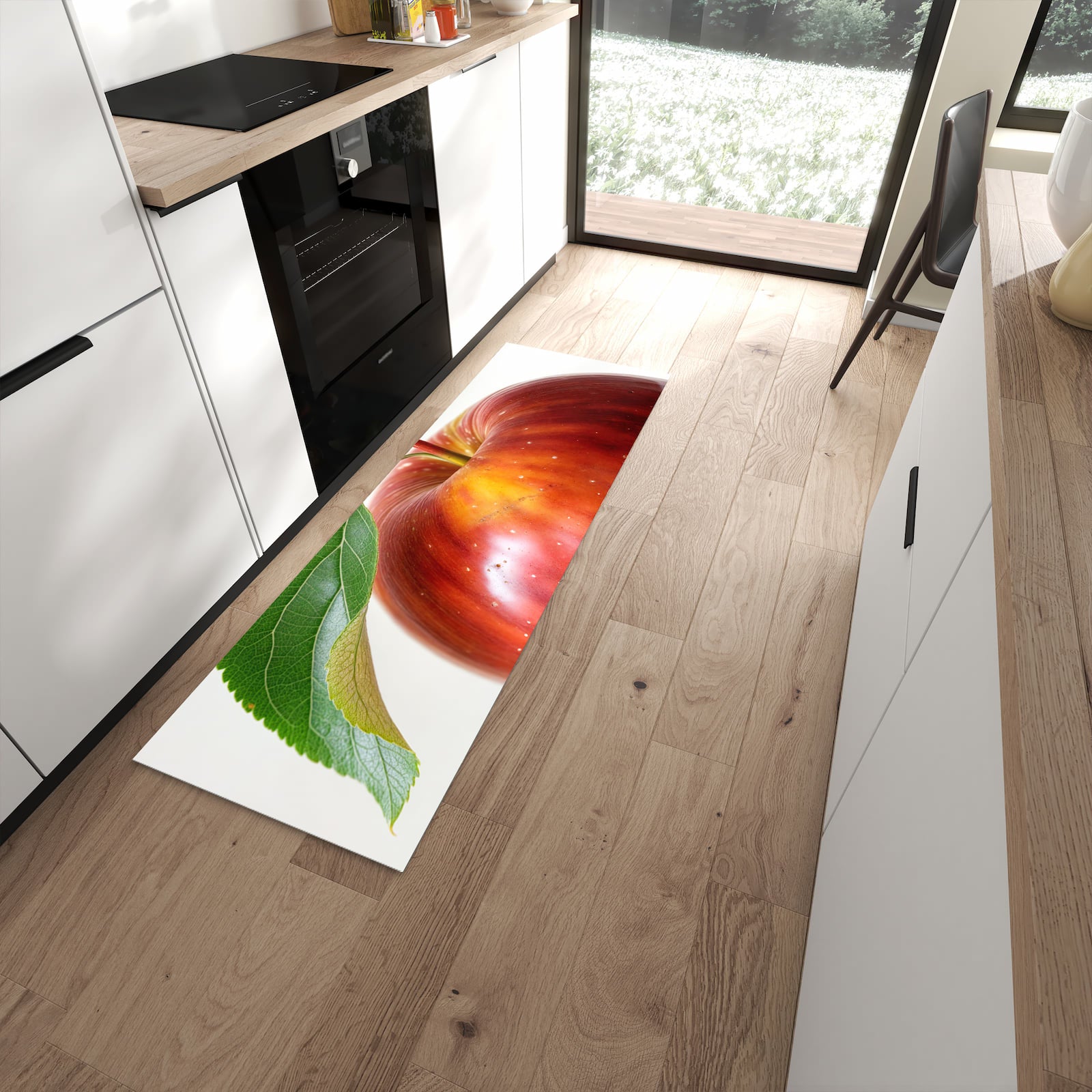 Wasserabweisender Bodenläufer mit Motiv Roter Apfel Mit Blatt in moderner Küche