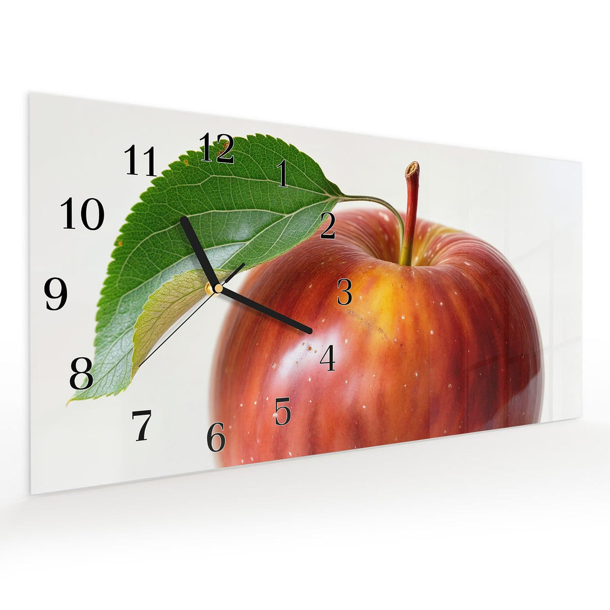 Vormontiert – mit Schwebeeffekt – Wanduhr Roter Apfel Mit Blatt aus Glas – Querformat 60 × 30 cm