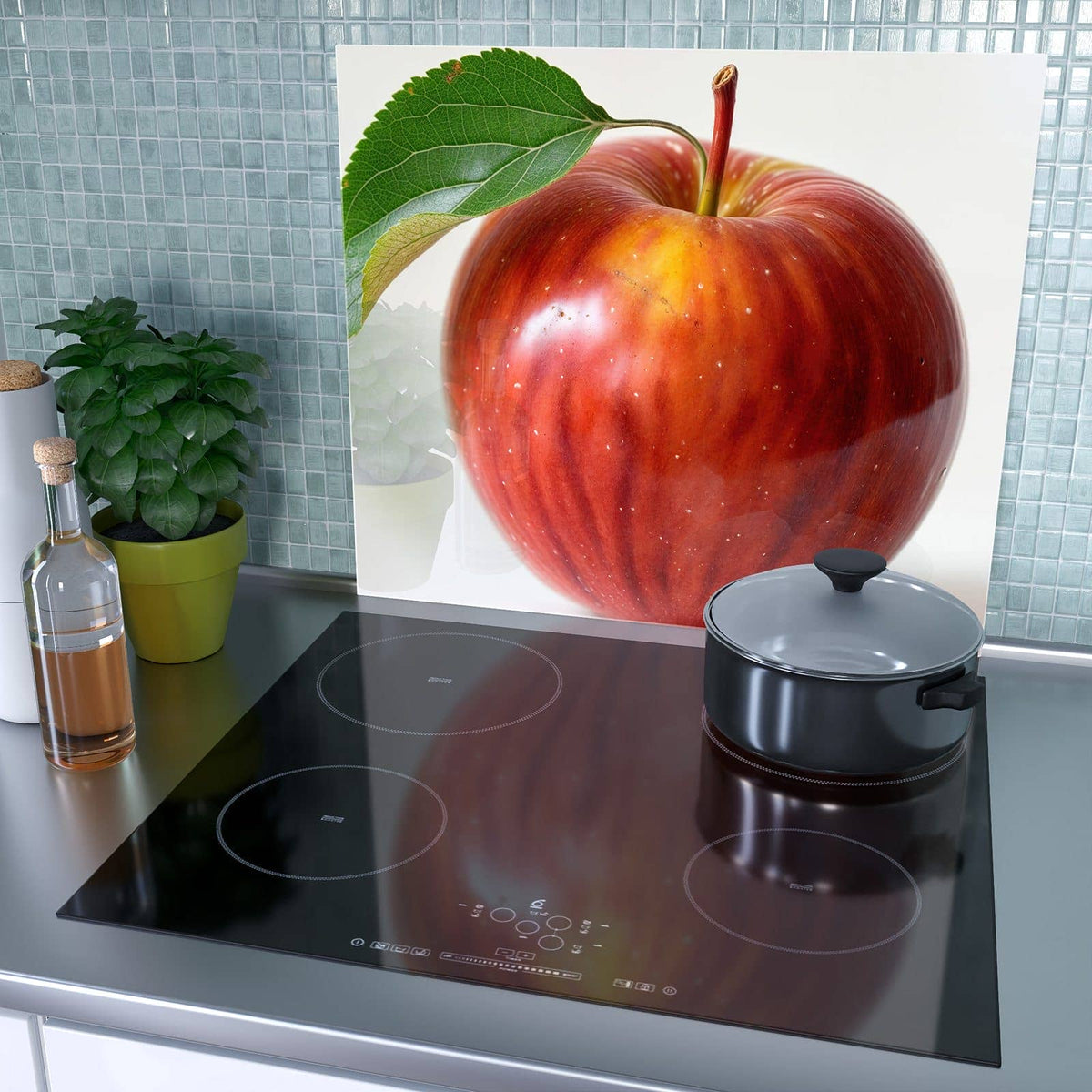 1-teilige Abdeckplatten für Ceranfeld mit Roter Apfel Mit Blatt-Motiv als Spritzschutz hinter dem Kochfeld