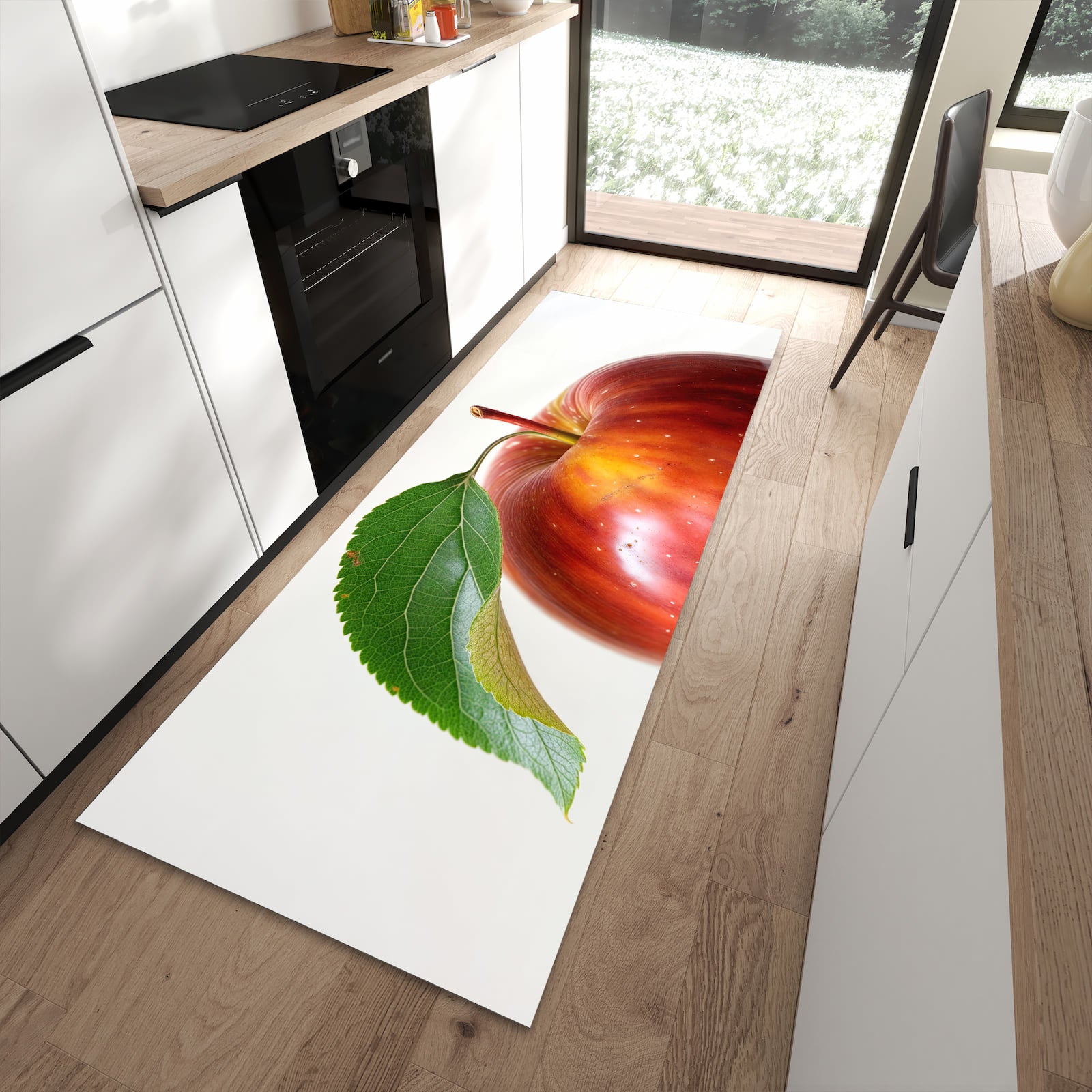 Rutschfester Küchenteppich mit Motiv Roter Apfel Mit Blatt für angenehmes Stehen in moderner Küche