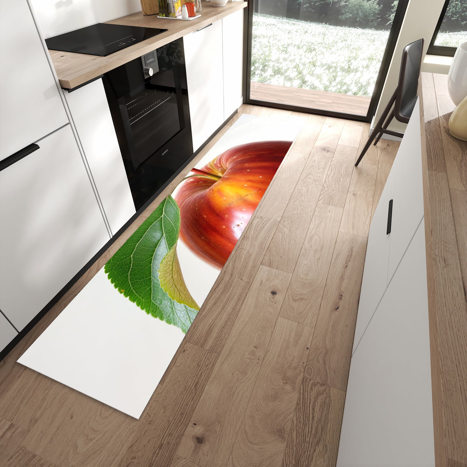 Schmutzabweisender Küchenteppich mit Motiv Roter Apfel Mit Blatt in moderner Küche